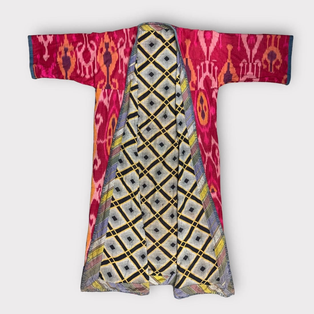 Vintage Red, Pink, and Yellow Handmade Ikat Robe or Jacket. Fully Lined in Contrasting Basket Weave (1 of 5)