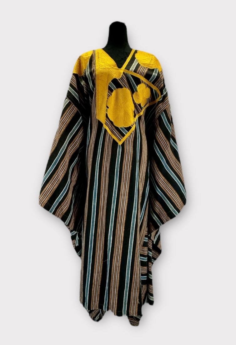 Bohemian Cotton Woven Striped Textile Open Sided Caftan with Golden Yellow Embroidery Around: Good Condition. A couple snags in weave and unfinished edges.
