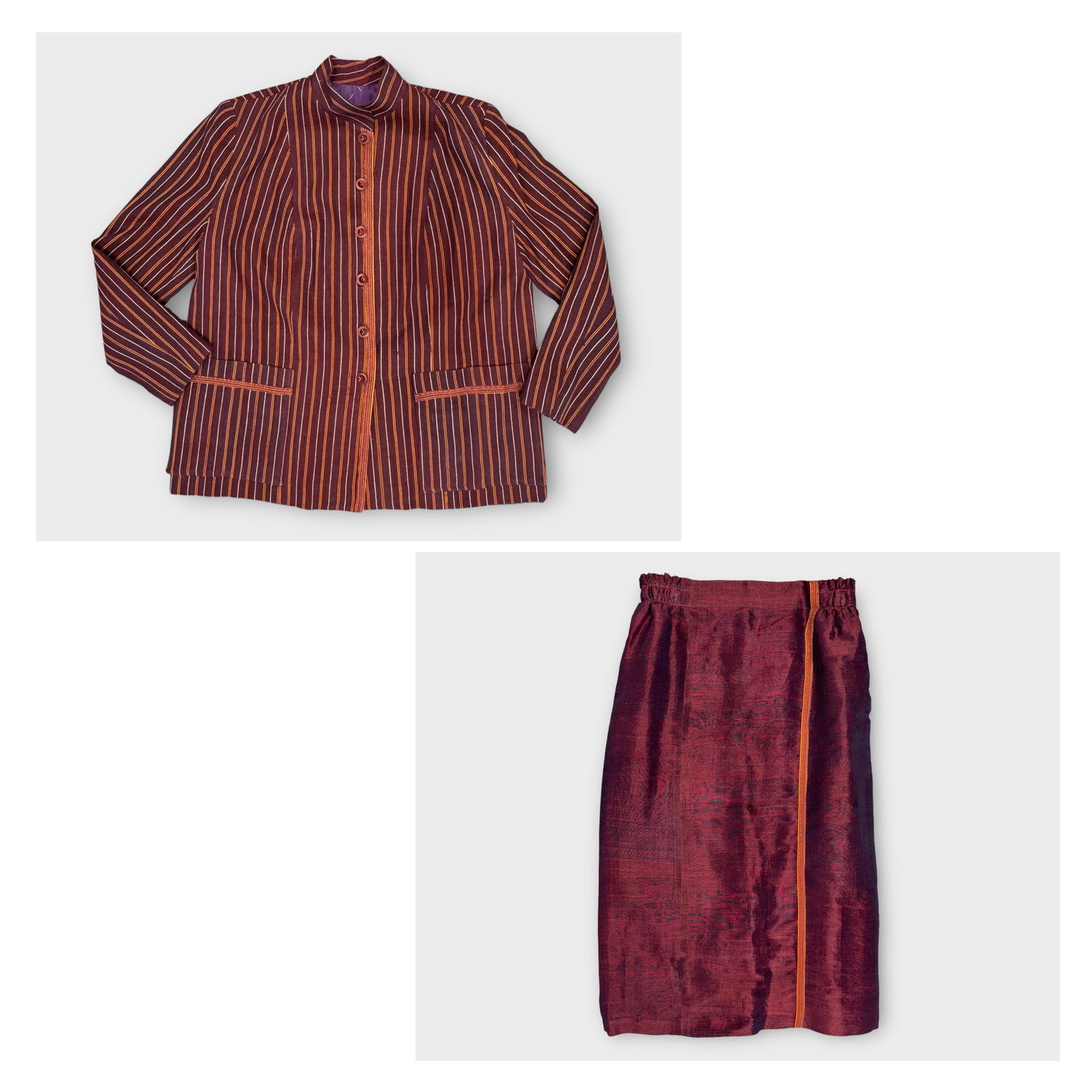 Bohemian Jacket and Skirt Set. Purple/Red Silk Skirt with Side Zip. Cotton Weave Purple/Red Striped (1 of 5)
