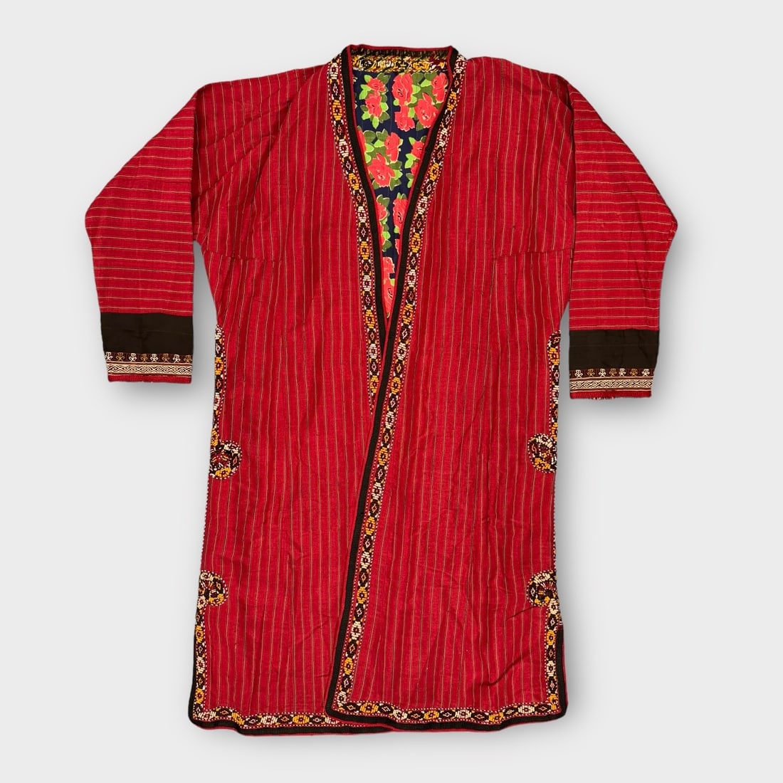Bohemian, Tribal, Silk and Cotton Jacket. Handmade Red Striped Silk Exterior with Red, Black, (1 of 3)