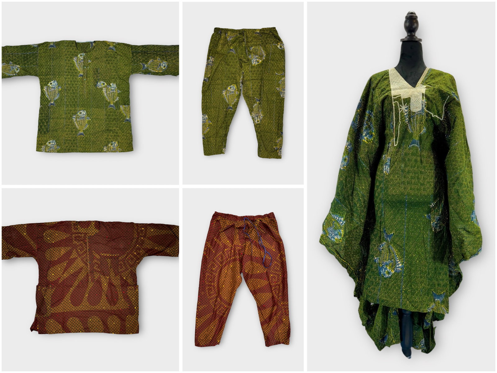 Lot of Cotton Batik Separates. Green Batik Fish Print Cotton Caftan with Front Pocket and Embroidery: Spots on white embroidery and tear at back of neck of Caftan. Measurement taken flat of Caftan. Drawstring Pants -Waist 25 in. Tops - Chest 29 in.