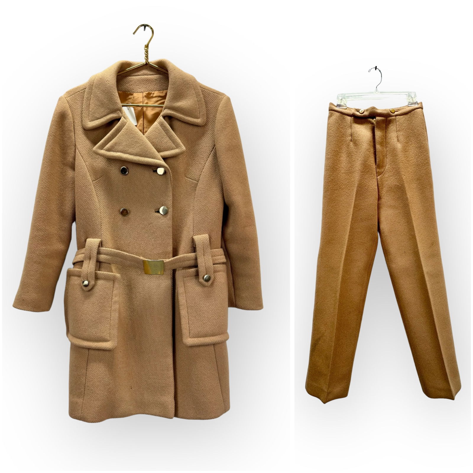 TAILORED BY KIRKLAND HALL Vintage MOD Camel, Pure Wool Belted Coat with Gold Buttons and Matching (1 of 13)