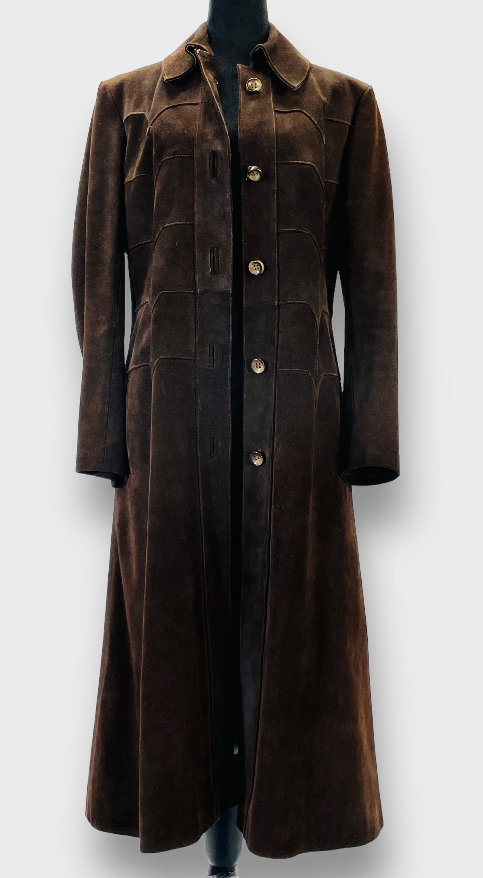 FRANKLIN SIMON Vintage 70s Chocolate Suede, Chevron Stitched Long Coat. Made in Spain. Sz 12 (1 of 3)