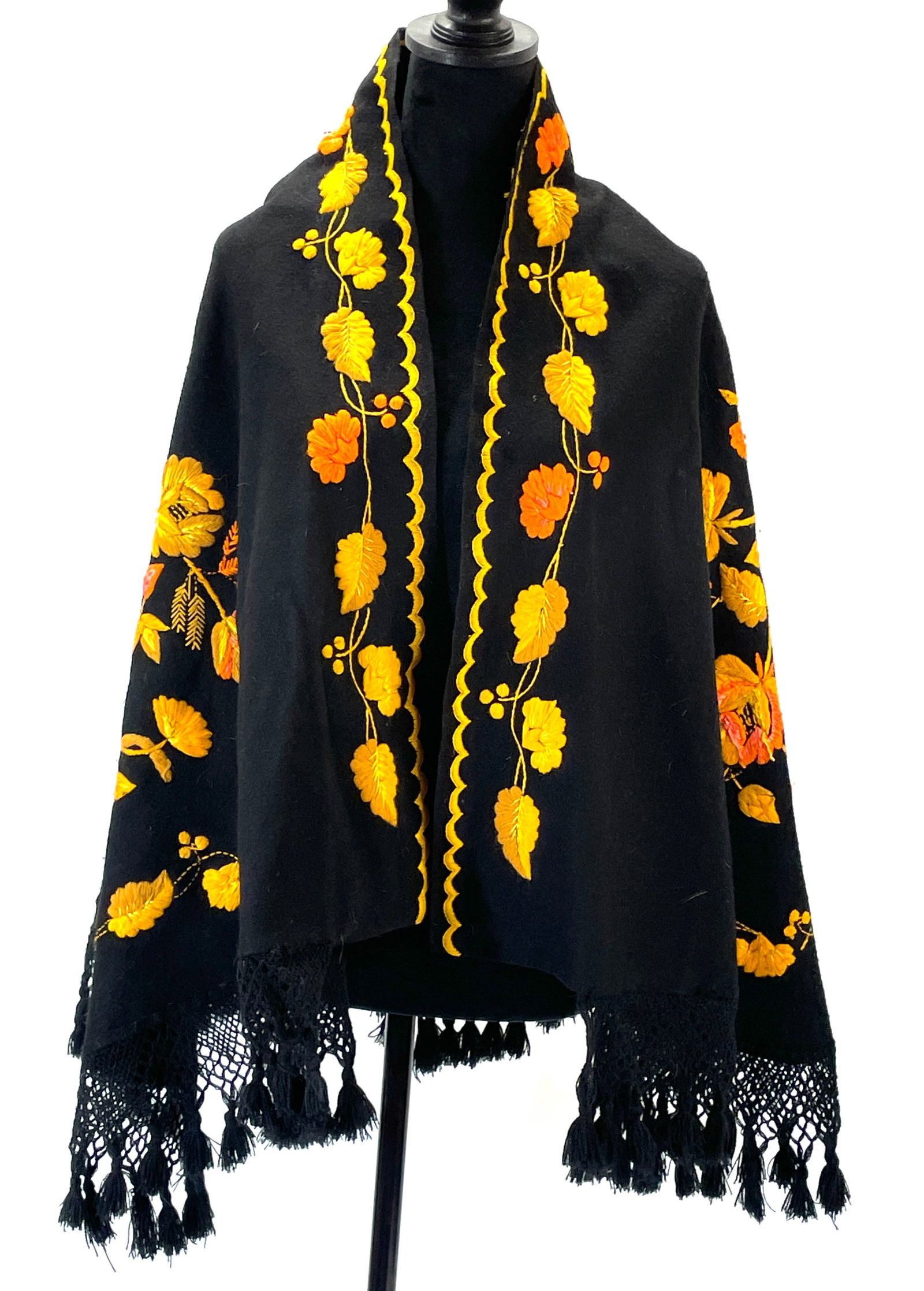 Vintage Boho Black Felted Shawl with Mustard/Orange Floral Embroidery and Fringe. No Maker Label.: Good Condition. Measurement taken flat.