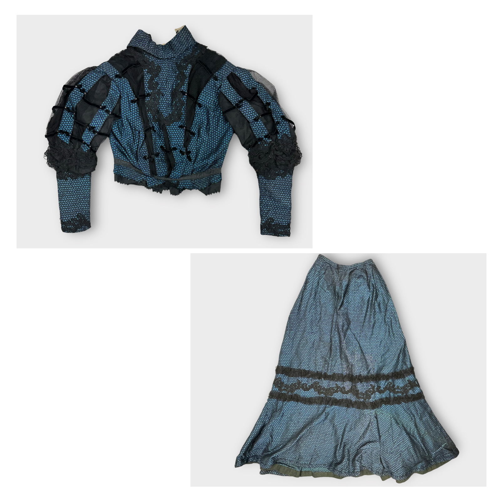 Antique Victorian Silk Black/Turquoise/Blue Shirt and Blouse with Lace, Mesh, and Velvet Details. (1 of 7)
