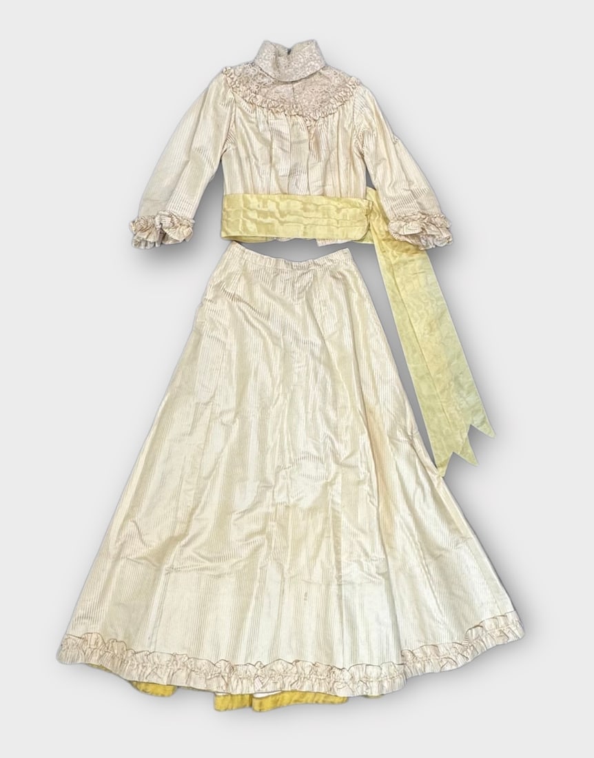 Antique Victorian Pale Yellow Striped Silk Bodice and Overskirt with Lace Neckline and Big Yellow (1 of 8)