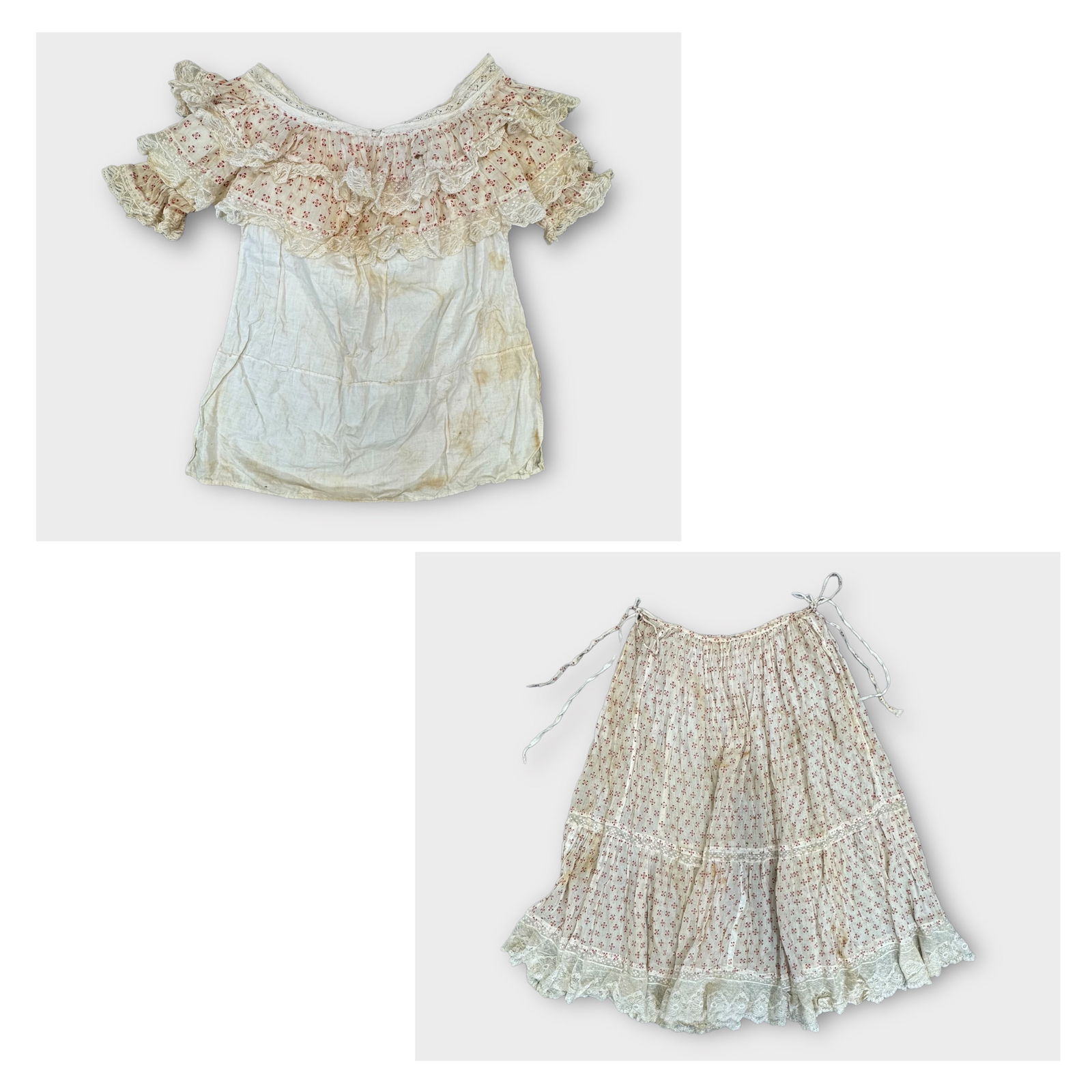 Antique Cotton Blouse and Skirt with Red Print and Lace Trim.  Ties on Sides.  No Maker Label. (1 of 13)