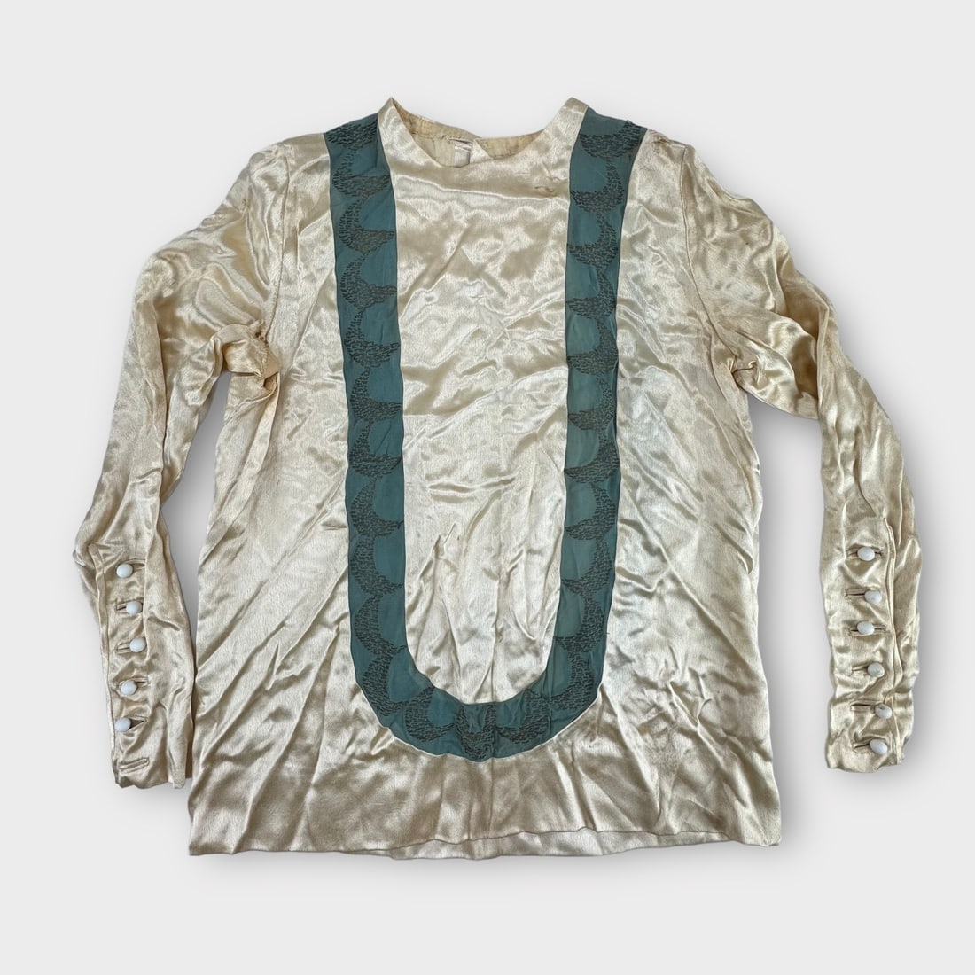 Antique 1930s Ivory Silk Long Sleeve Blouse.  Buttons Down Back and Up Sleeves. Sheer Blue Horseshoe (1 of 7)