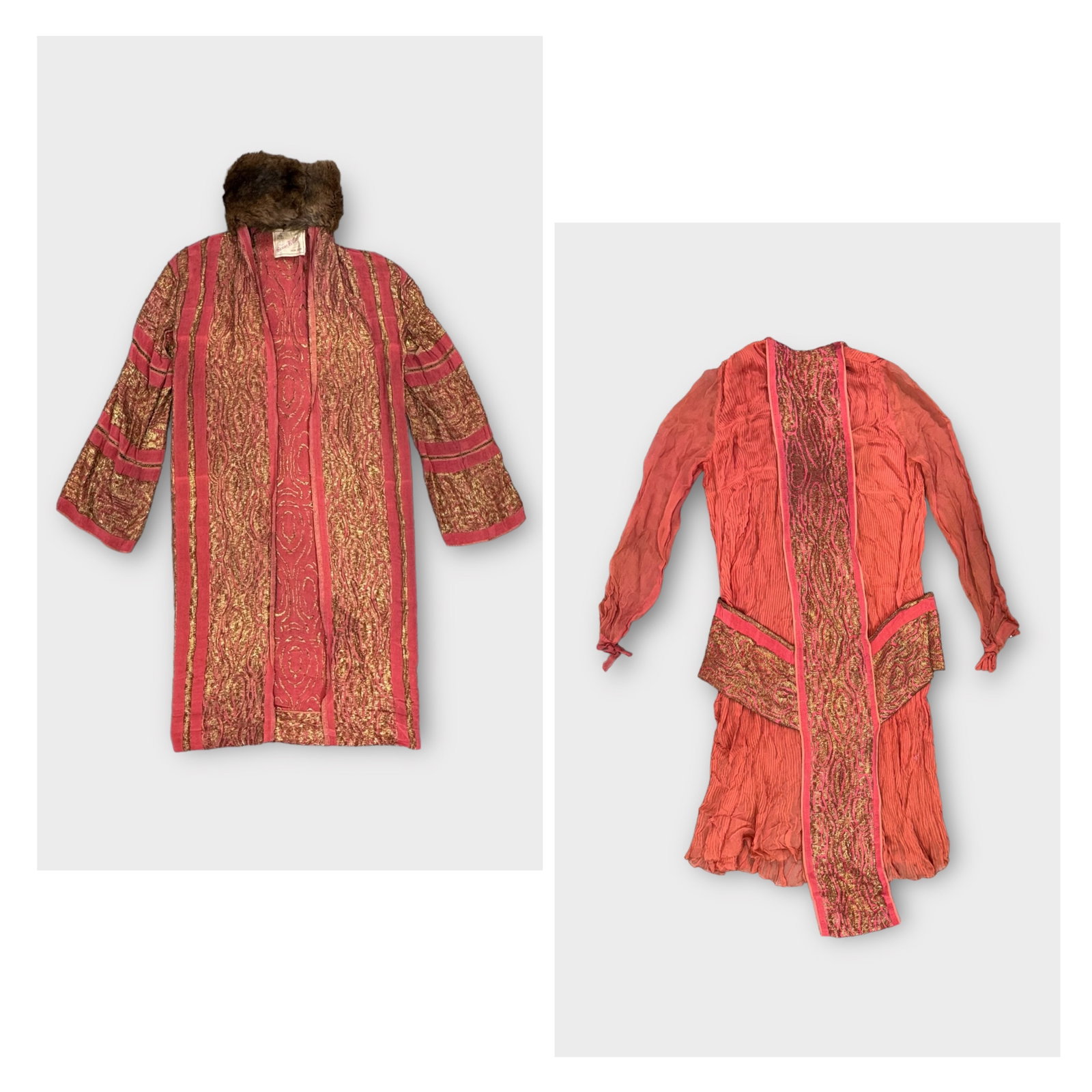 Antique SUSAN B CLARKE NEW YORK Salmon Silk Dress and Jacket Set with Gold Metallic Thread and: Fur is dry and shedding. Silk is very delicate. Discolored in areas. Measurement taken flat. Shoulders 16 in. Chest 17 in. Length 43 in. Shipping: We do not provide in-house shipping or packing. Pleas