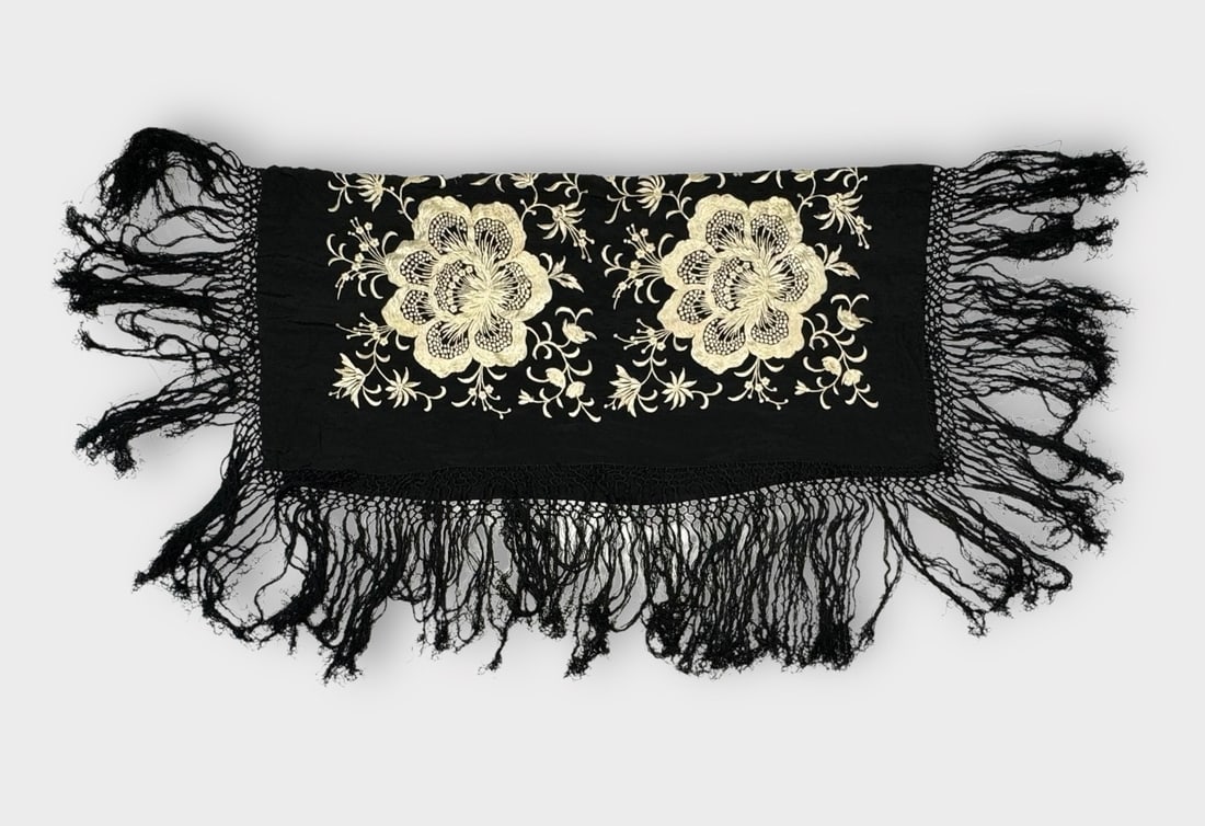Antique Silk Piano Shawl, Ivory Silk Embroidery on Black Silk with Dramatic Fringe. No Maker Label.: Presenting some small holes. See pics. Shipping: We do not provide in-house shipping or packing. Please reach out to one of our preferred shippers for a quote: Donald Camden UPS Store #4608 store4608@