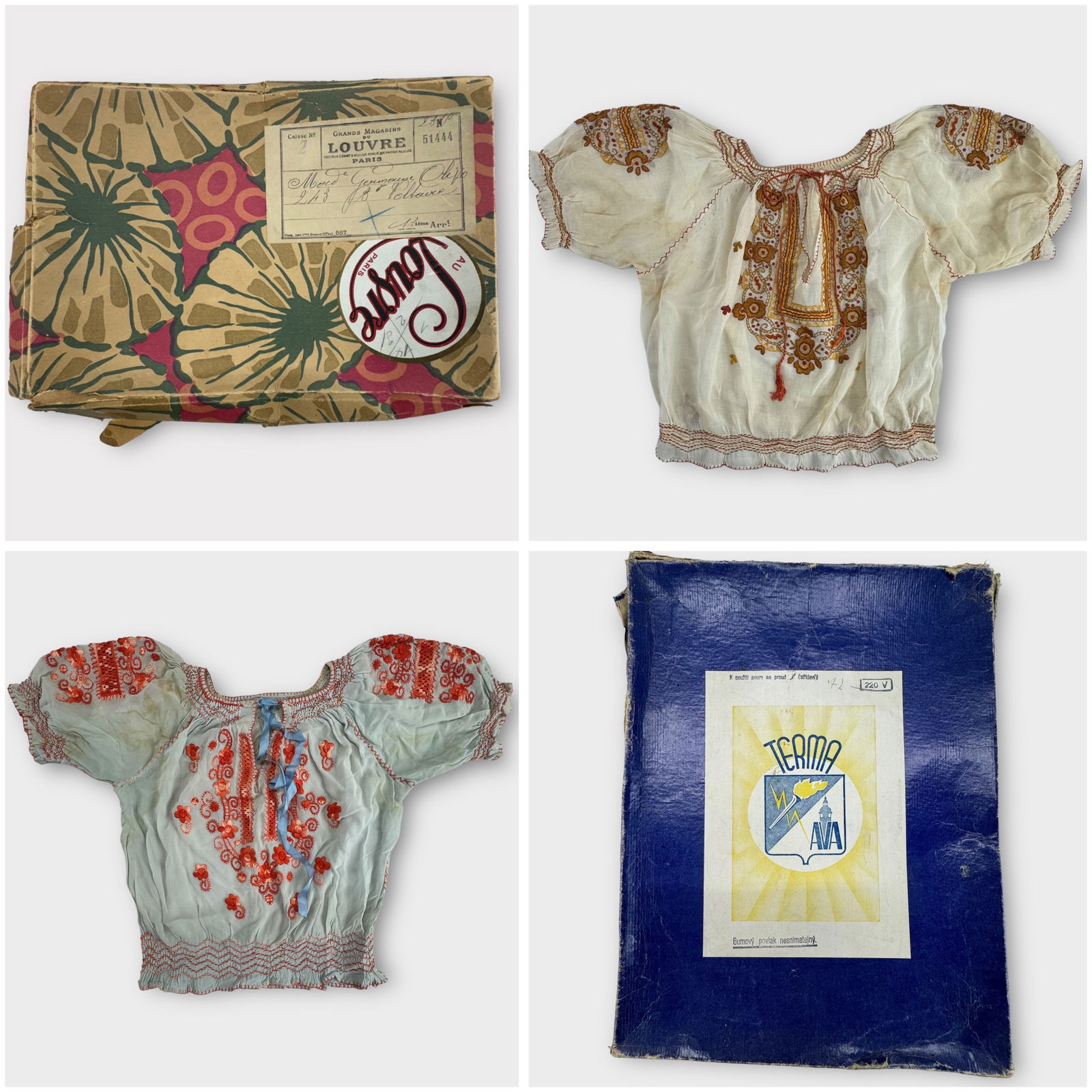 Antique LOUVRE PARIS Printed Box,  TERMA AVA Box,   Pale Blue Chiffon Blouse with Orange Embroidery. (1 of 9)