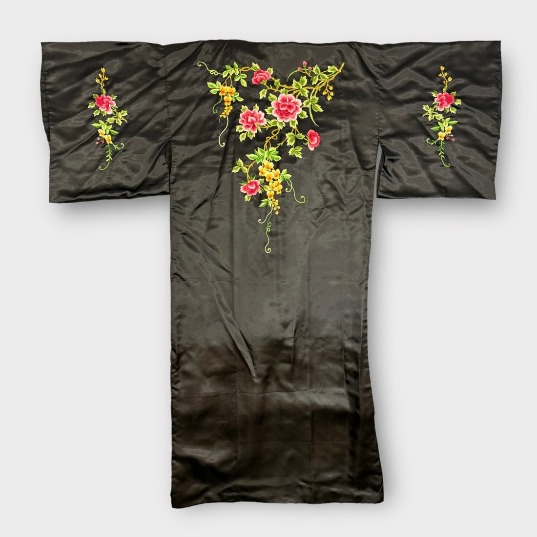 ESME Black Silk Kimono Robe with Embroidered Roses and Orchids. Size Medium (1 of 4)