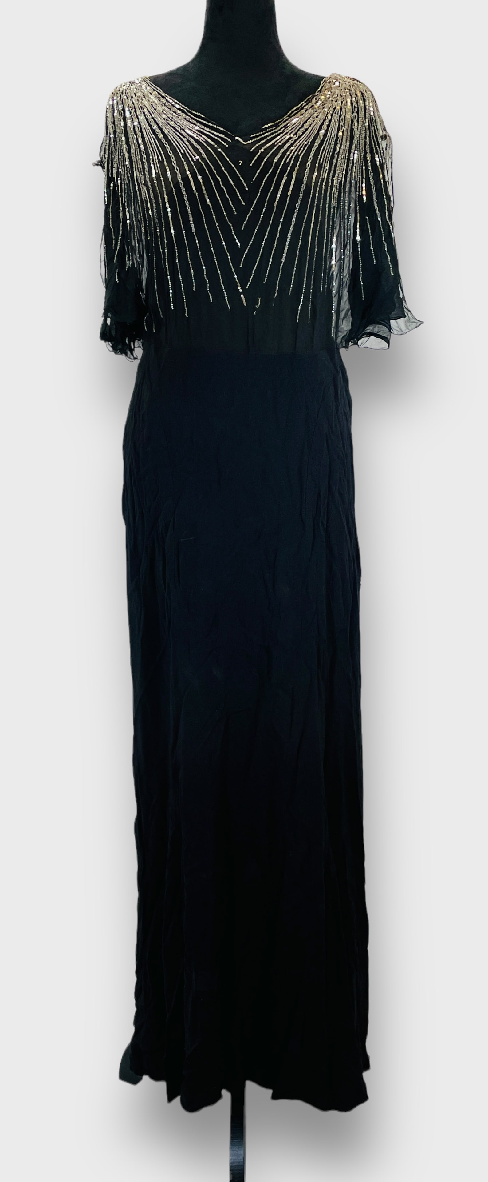 Antique Art Deco UNBRANDED Glamorous Black V Neck Evening Gown With Beading, And Sequins (1 of 9)