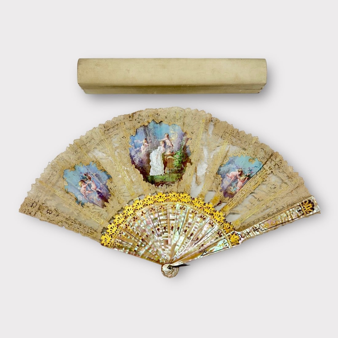 Victorian Mother of Pearl and Lace Opera Fan, Hand Painted Images of Cherubs and Lady in White: Discolored from age and holes in lace.