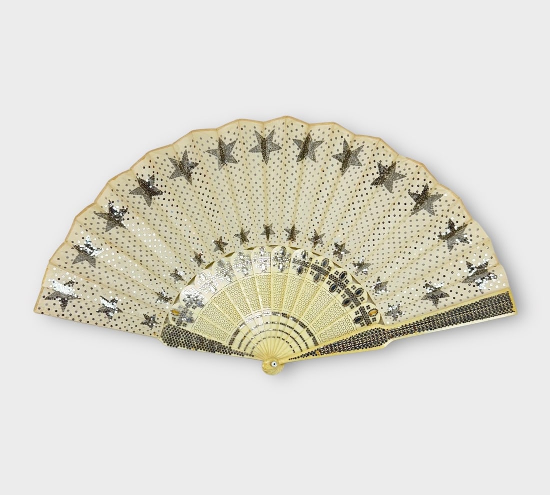 Vintage Metallic Sequin Star Hand Fan on Cream Silk and Possibly Bakelite Handle (1 of 7)