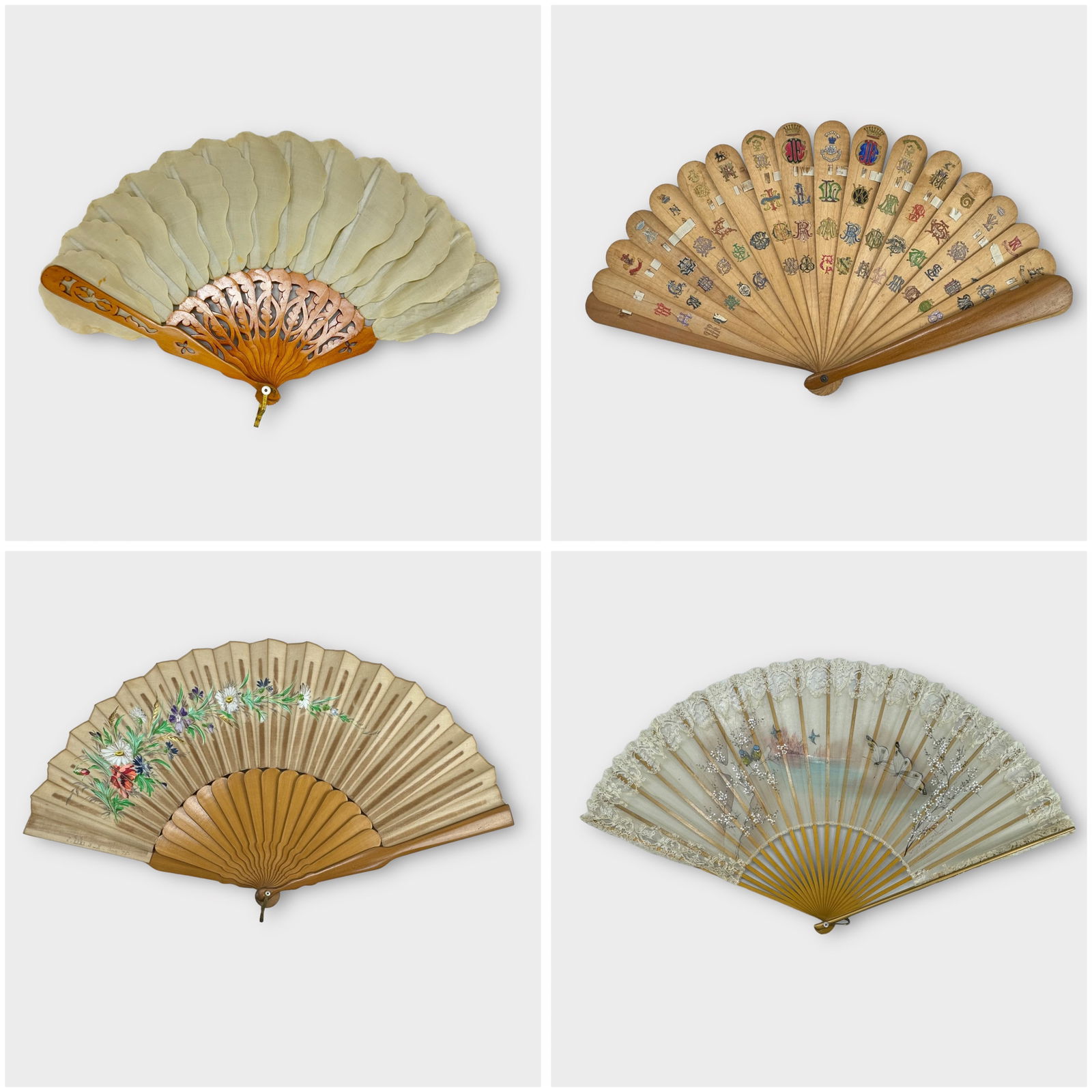 Lot of Vintage Wooden Handled Hand Fans.  Small Carved Wood with Silk Petals.  Wooden Monogram Fan. (1 of 9)