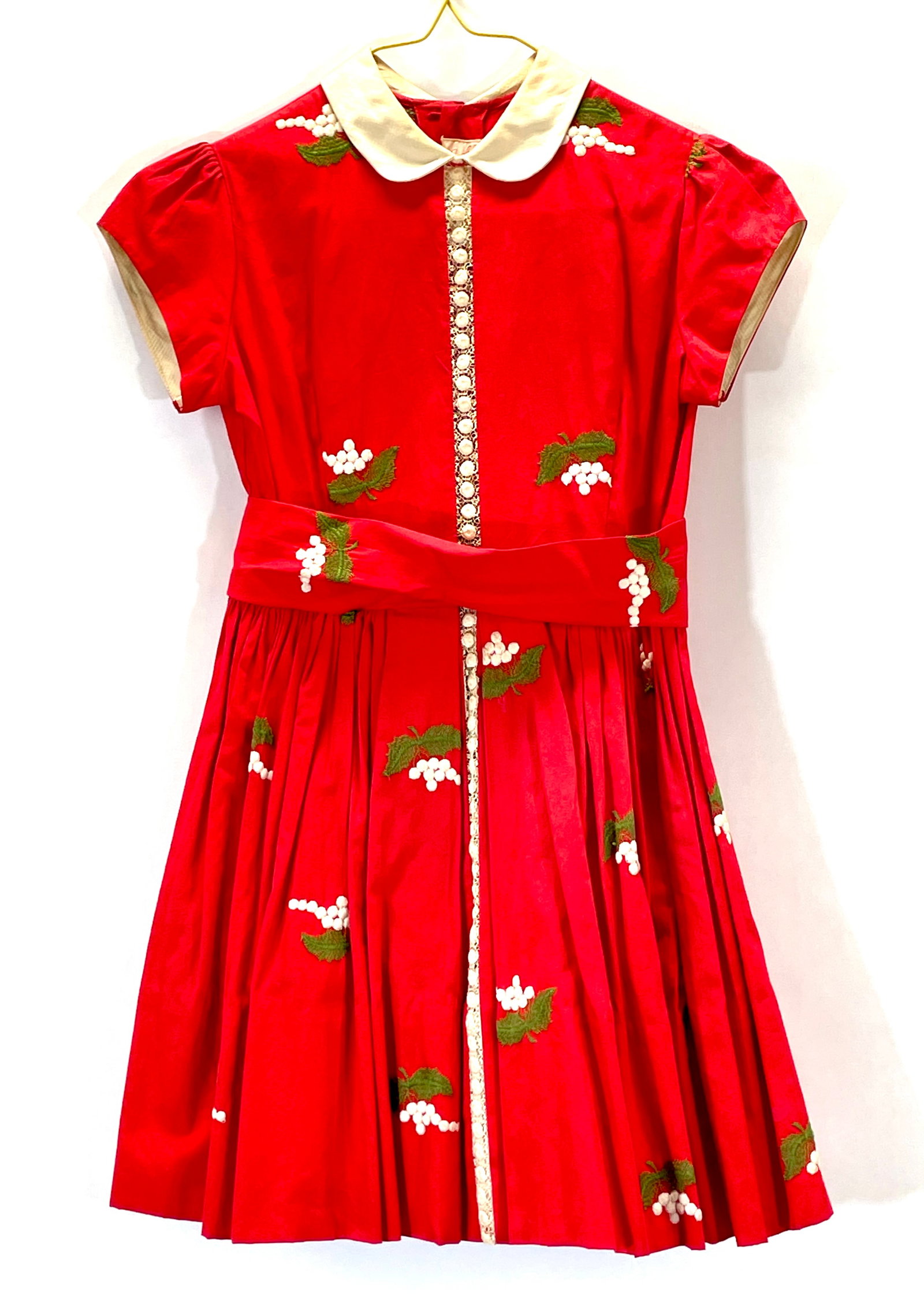 Vintage RUTH OF CAROLINA Red Child's Dress With White And Green Plant Detail, And Attached Belt,: Staining Around The Collar. Missing Belt Button. See Pics.