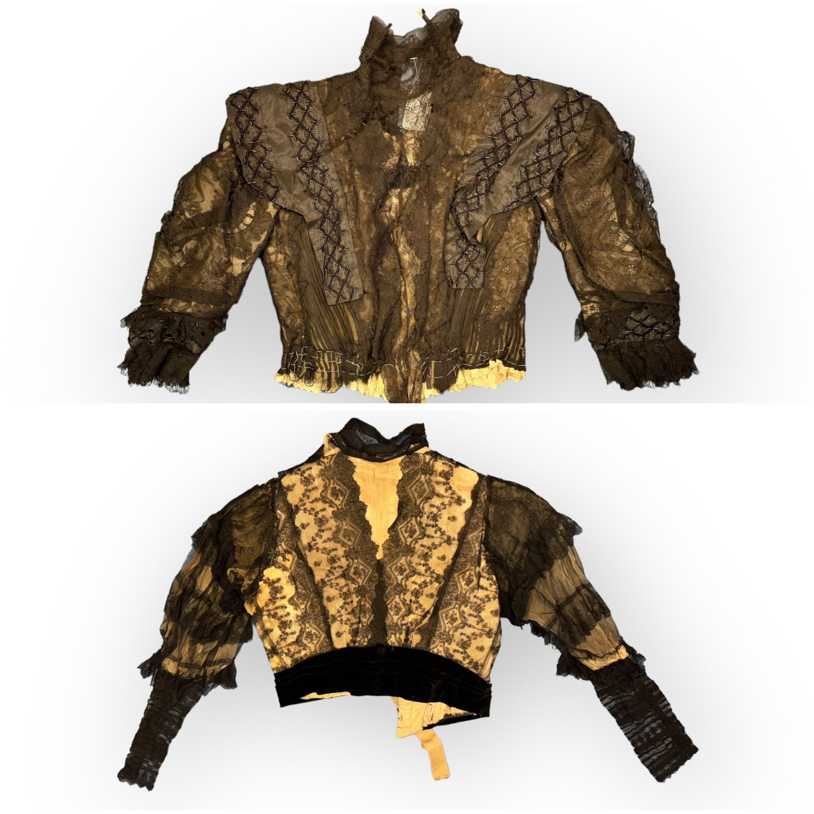 Antique Victorian Black Lace Bodice Pieces. Not Wearable, but a Great Piece of Fashion History for: Sold as is. Measurement taken flat. Shoulders 16.5 in. Chest 18 in. Waist 14 in.