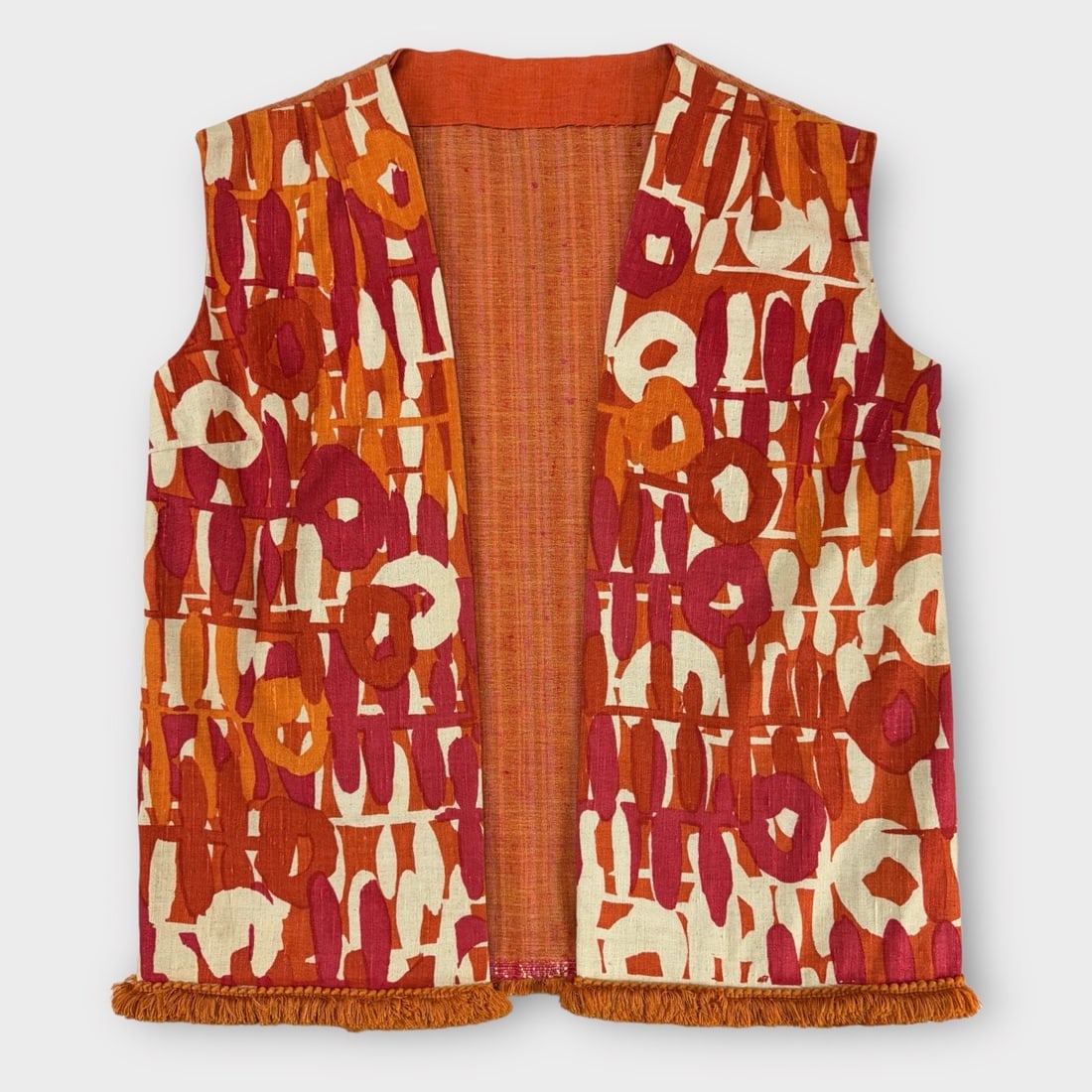 Bohemian Hippie Orange and Cream Print, Cotton Vest with Orange Fringe Trim. Handmade, No Maker: Great Condition.
