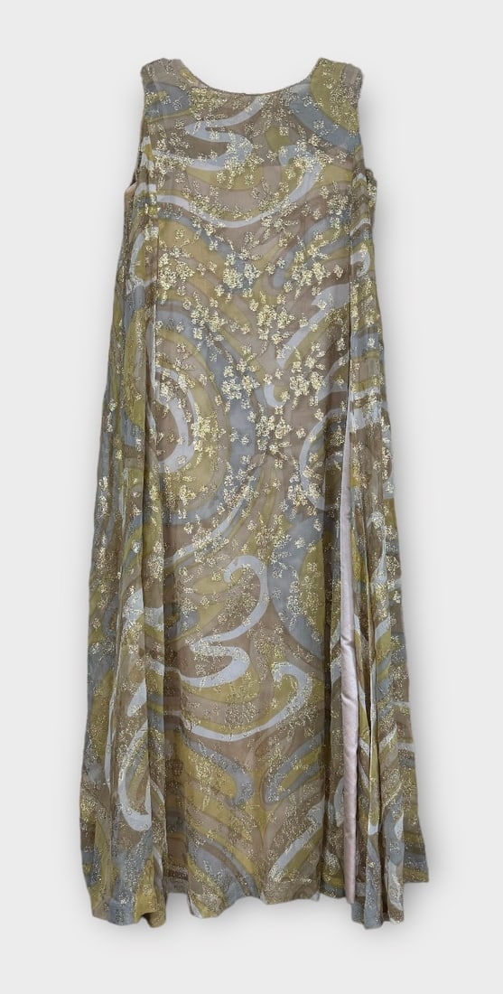 Vintage 60s Silk Gown.  Beige Silk Dress with Sheer Psychedelic, Metallic Embroidered, Trapeze Style (1 of 6)