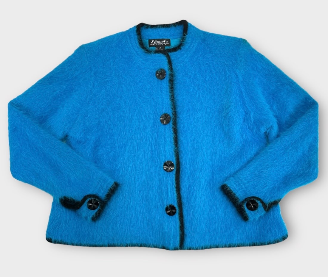 VENESHA High Quality Angora Bright Blue Cardigan with Black Trim and Large Statement Buttons.  Fully (1 of 4)