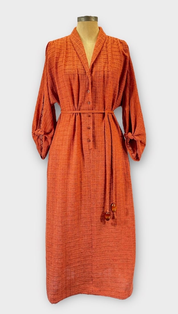 Vintage Bohemian Lightweight Burnt Orange, Knit Sweater Dress with Pockets,  Tie Sleeves, Wooden (1 of 4)