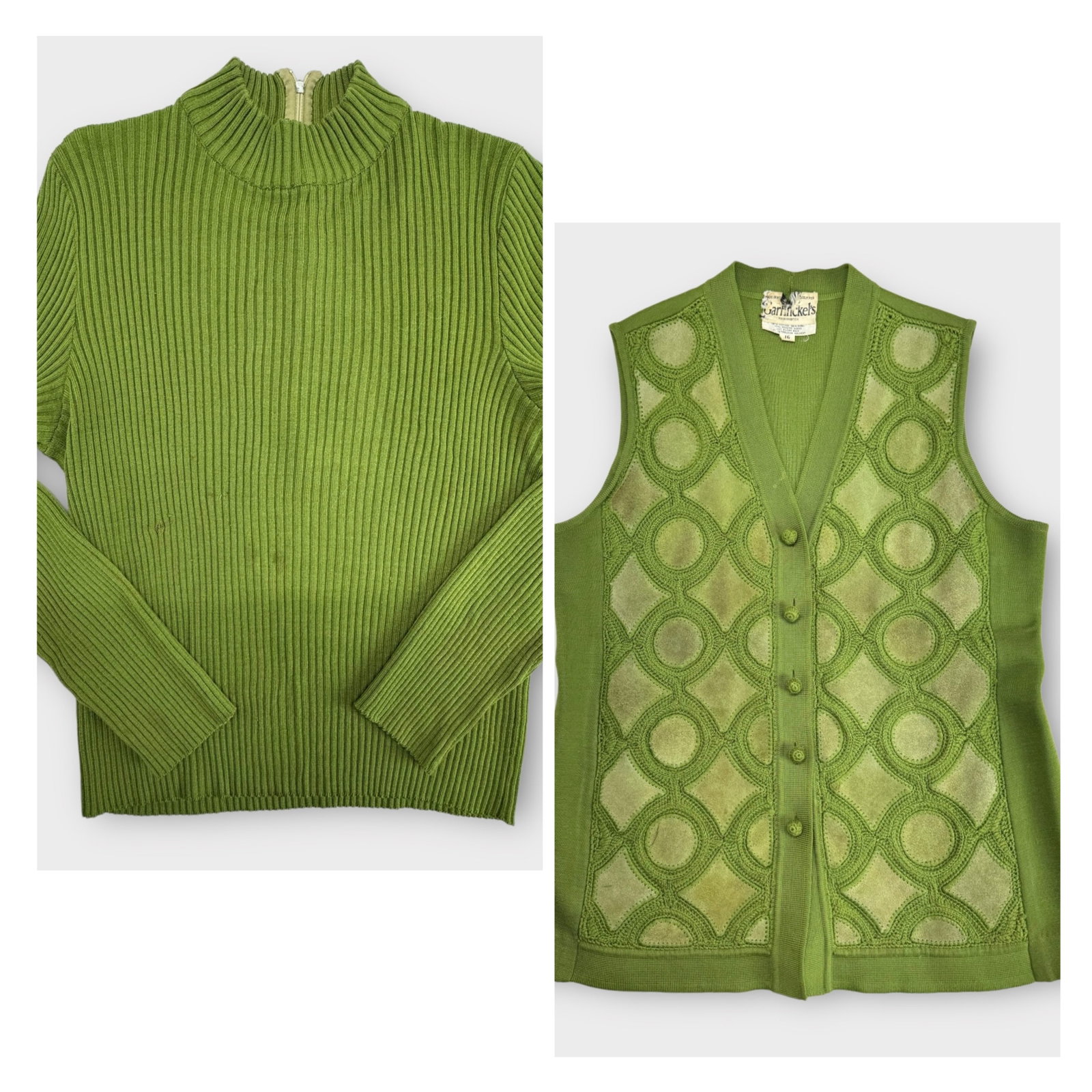 Vintage GARFINCKEL’S Washington Grass Green Suede and Crochet Patchwork Vest and Knit Mock Neck: Some pieces of suede are dingy. Sweater has hole and visible mend. Otherwise, Good Condition.