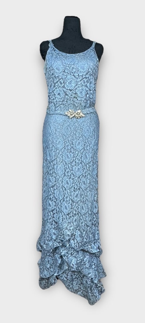 Antique EMILY SHOPS FIFTH AVE Vintage Pale Blue Lace Evening Dress with Silver Metallic Threads and: Lace presents some spots. Lining is dry-rotted and torn. Measurement taken flat. Chest 17 in. Waist 15 in.
