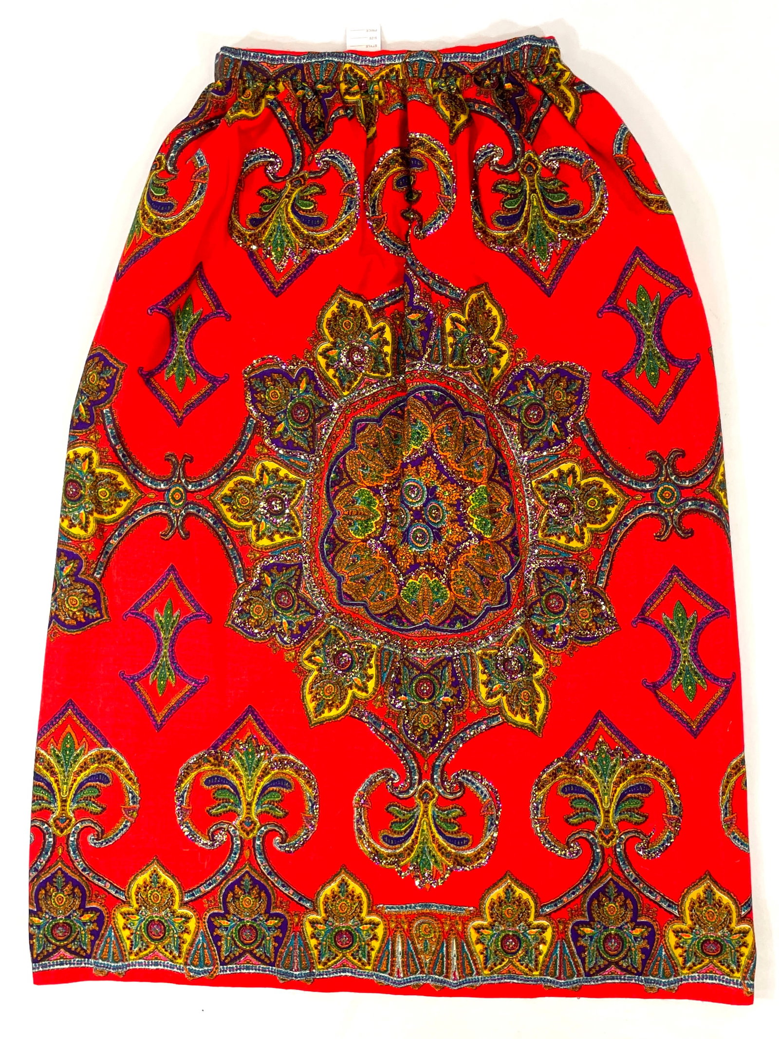 Vintage LORD & TAYLOR Bohemian Maxi Skirt, Red With Colorful Mandala Design And Glitter: Preowned. Good Condition.Measurements Waist 14, Length 39
