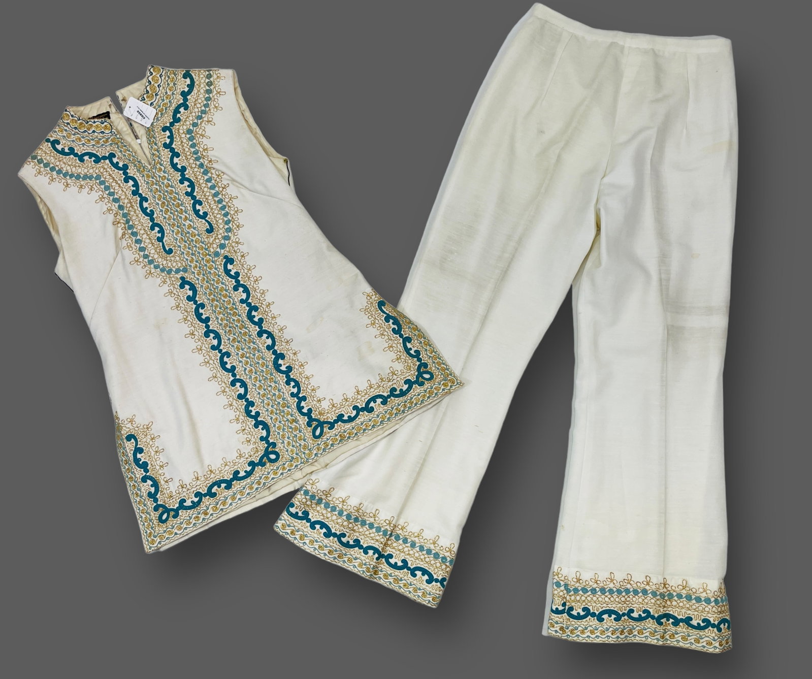 Vintage MOURJANA Hippie Boho Hand Made Cream Embroidered Sleeveless Top With Matching Pants: Small Stains Throughout Top And Pants. See Pics.