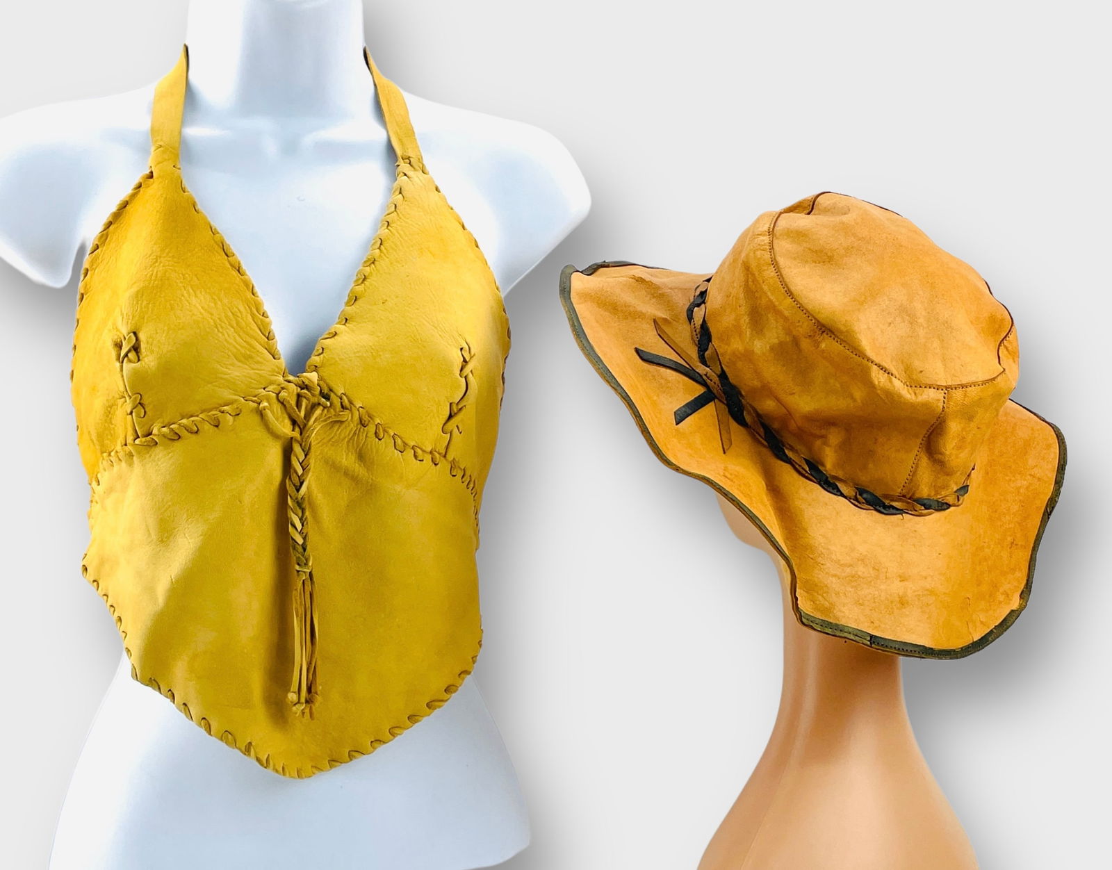 Vintage Buckskin Leather Halter Top, Bohemian Hippie Festival Buckskin Hat.  Festival Outfit.  Size (1 of 8)