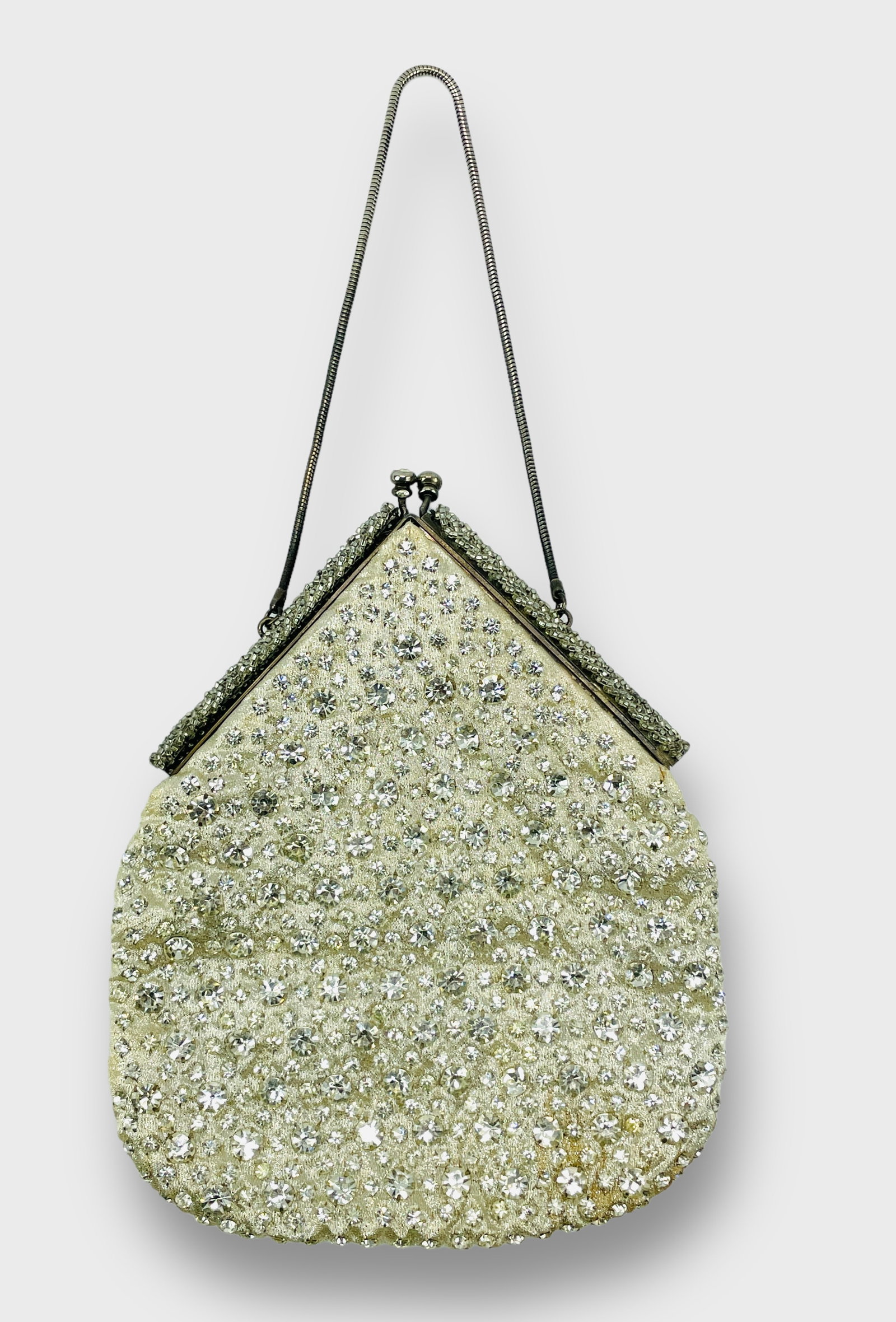 Exquisite Vintage Silver Thread And Rhinestone Tear Drop Shaped. Kiss Lock, Evening Bag: Preowned, good condition