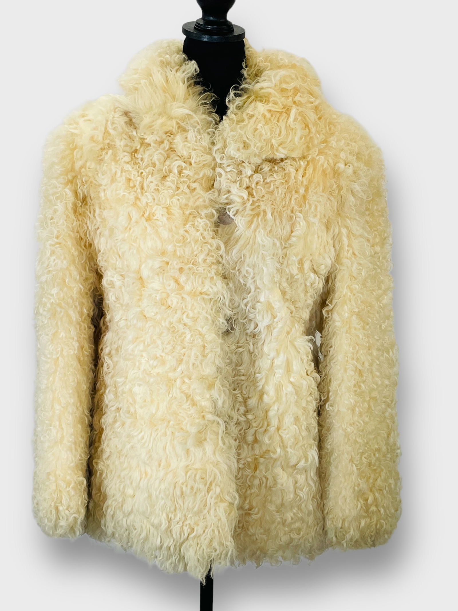 BY GARTENHAUS Vintage Cream Curly Shearling Coat with Taupe Suede Buttons.  Monogrammed. (1 of 5)