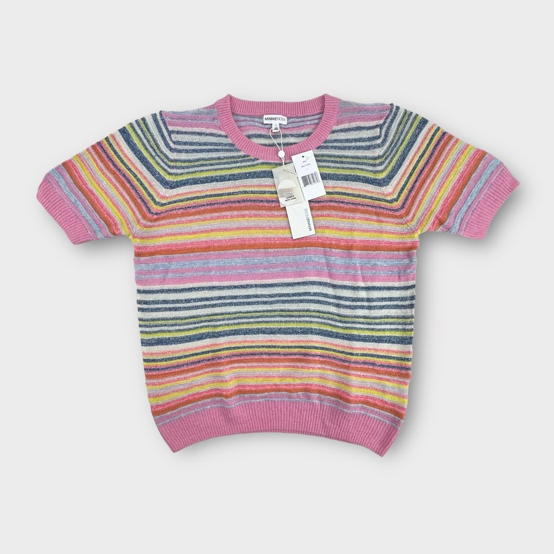 MINNIE ROSE Knit Pink Multi Striped Short Sleeve Top. Rayon/Mohair/Silk/Wool/Cashmere/Linen Blend.: New with tags.