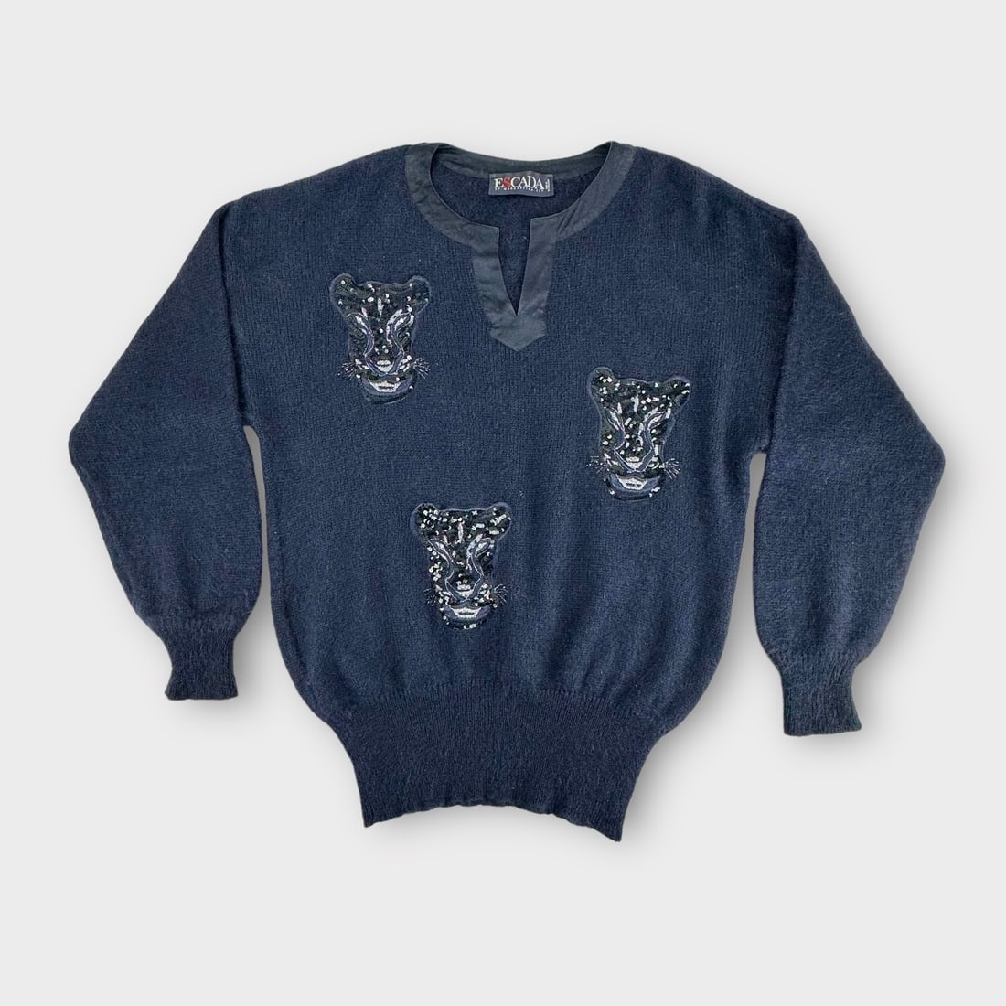 ESCADA BY MARGARETHA LEY Vintage Midnight Blue Mohair V-Neck Sweater with Embroidered, Sequined: Good Condition.