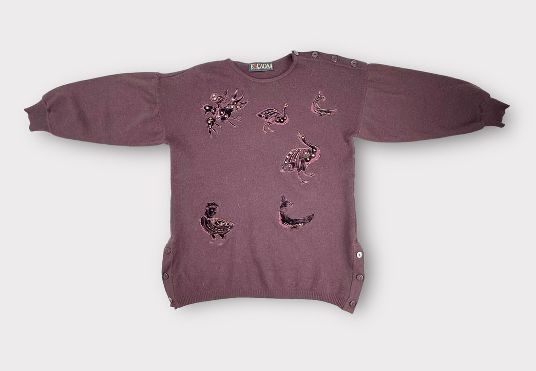 ESCADA BY MARGARETHA LEY Burgundy Wool Sweater with Button Details to Left Shoulder and at Hips.: Good Condition.