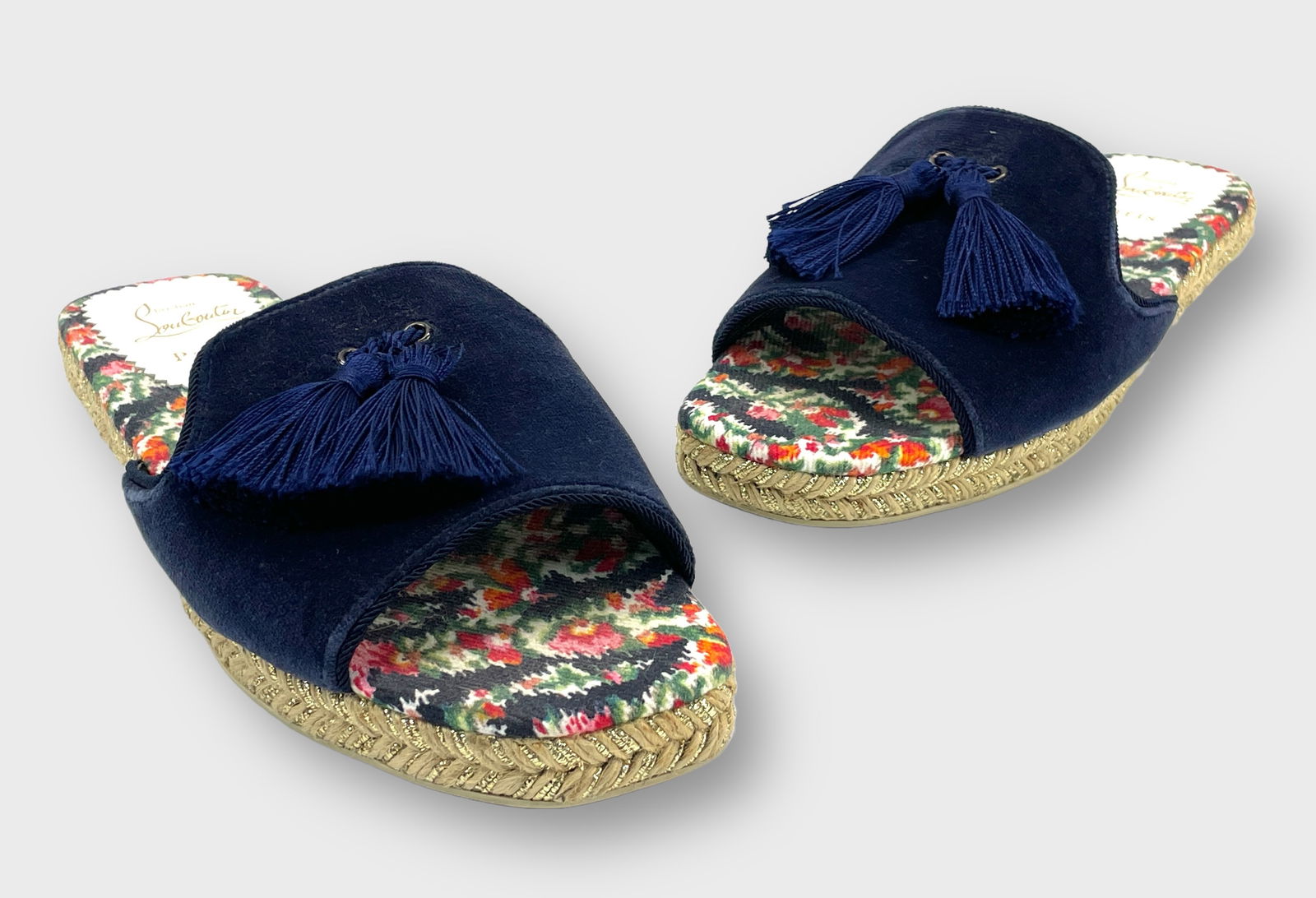CHRISTIAN LOUBOUTIN PARIS Blue Velvet Espadrille Slides with Tassels, Made in Spain. Size 40 (1 of 5)