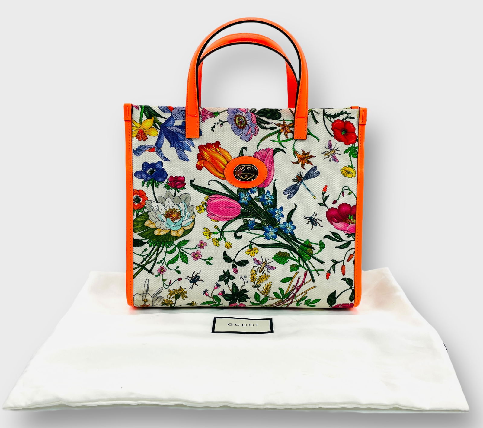 GUCCI Neon Orange Leather Flora Canvas Floral Print Small Tote with Shoulder Strap and Gold Tone (1 of 12)