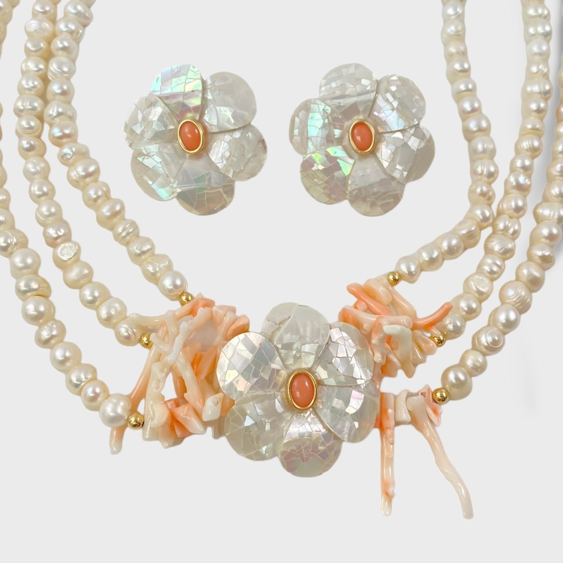 Pearl, Mother-of-Pearl & Coral Earring Necklace Set (1 of 5)