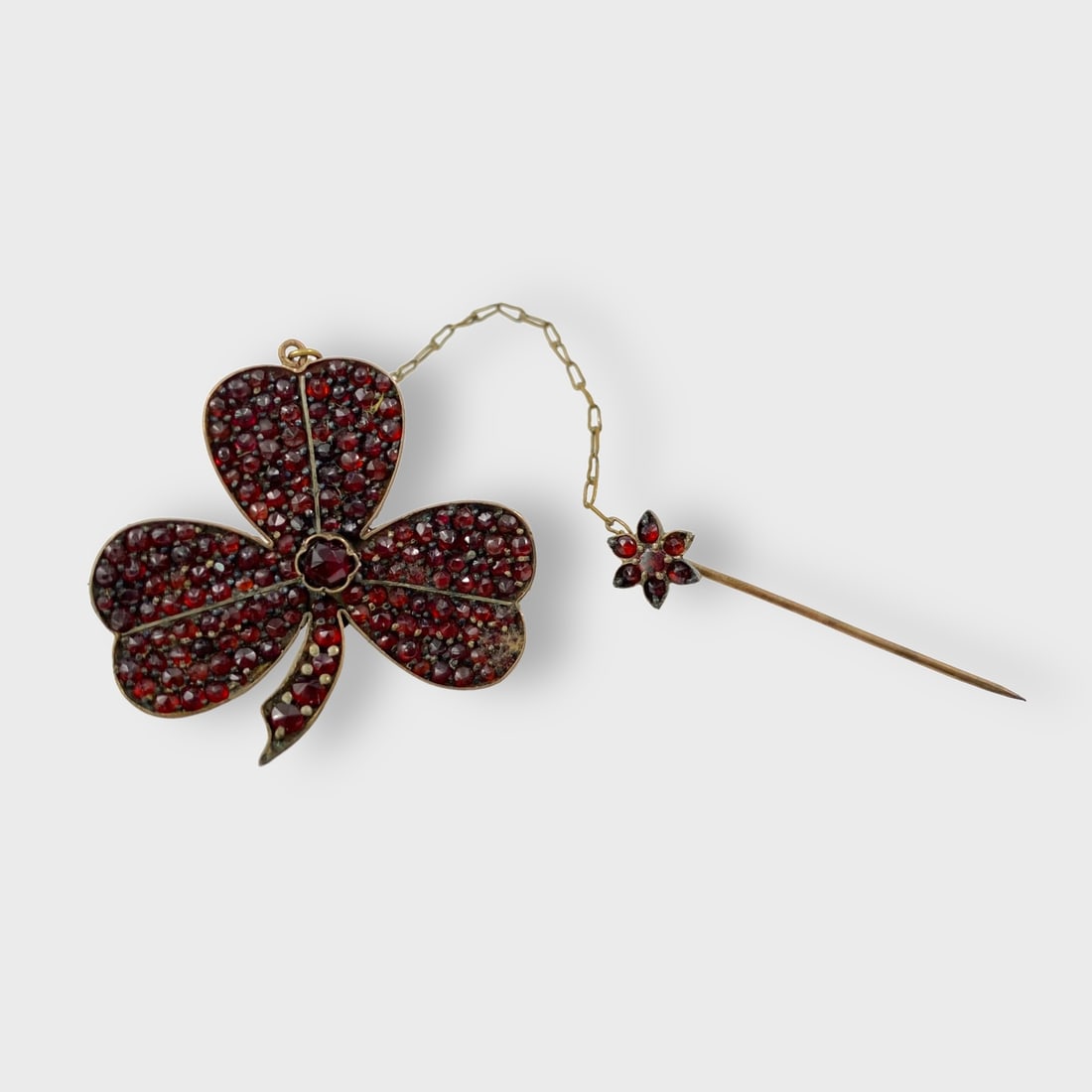 Vintage Bohemian Garnet Clover Pendant Pin: Weighs approx. x. Approx. 1 1/4” x 1 3/8”. Good preowned condition.