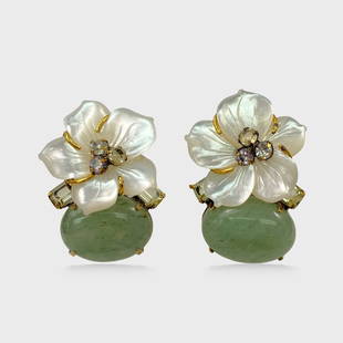 Iradj Moini Mother of Pearl/Aventurine Charming Floral Clip On Earrings: Approx. 1 5/8&rdquo; x 1 1/4&rdquo;. Good preowned condition.