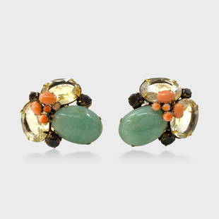 Iradj Moini Cabochon Aventurine, Citrine, Smoky Topaz & Coral Clip On Earrings: Approx. 1 1/2&rdquo; x 1 3/8&rdquo;. Good preowned condition.