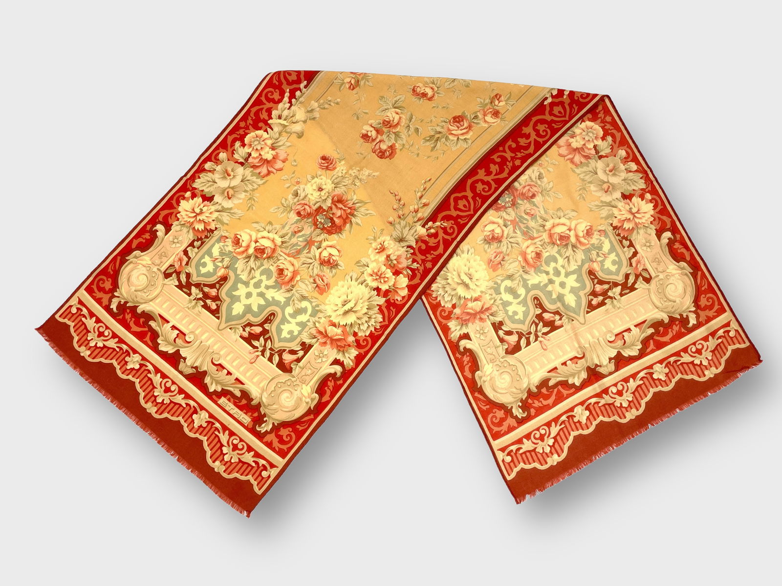 Etro Wool and Silk Challis Scarf Vintage Floral Print in Peach, Gold, Sienna, Sage and Terracotta: Great condition