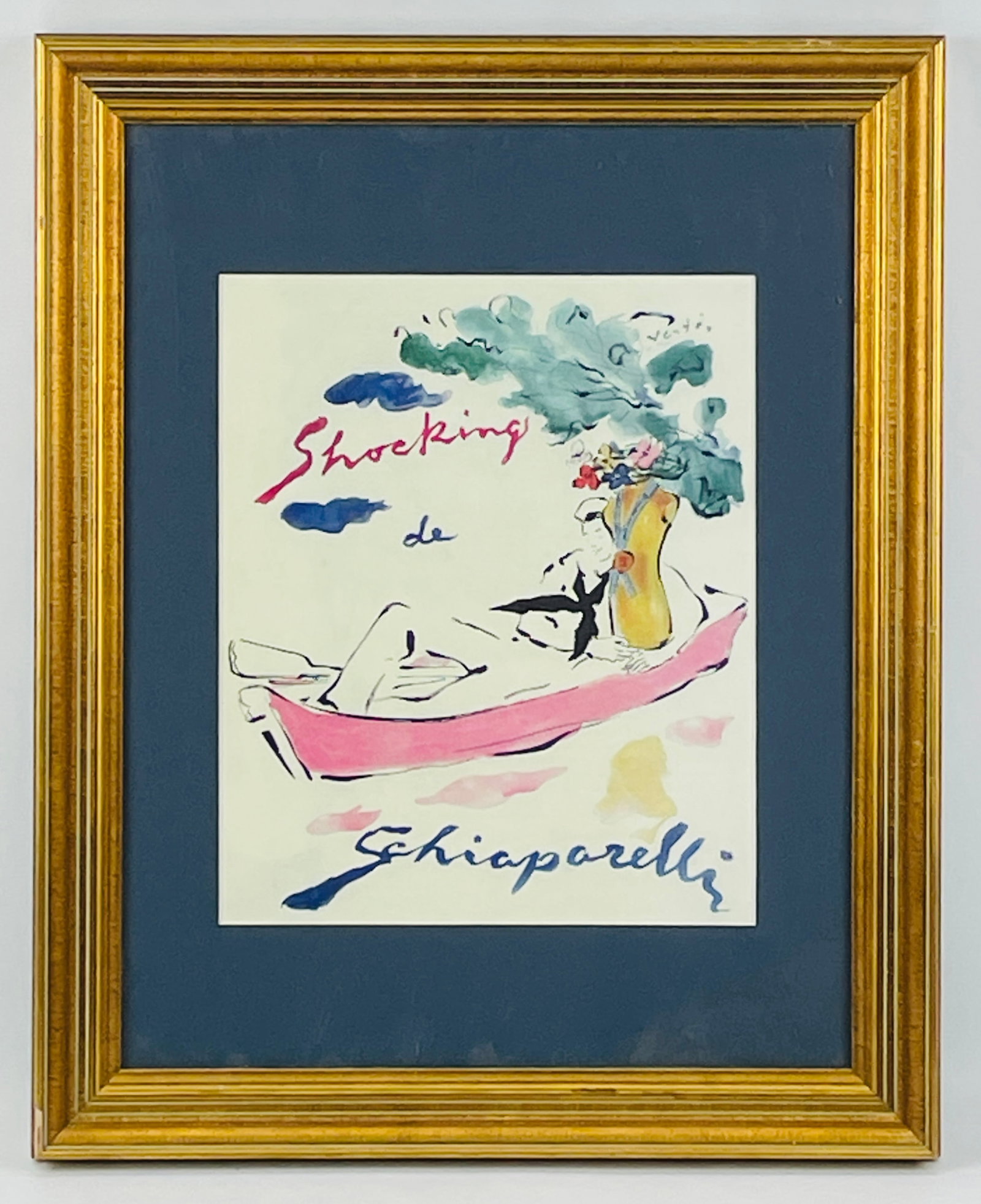 "Shocking de Schiaparelli" Vintage Print Featuring Sailor Embracing Mannequin Form - Watercolor: Great preowned condition