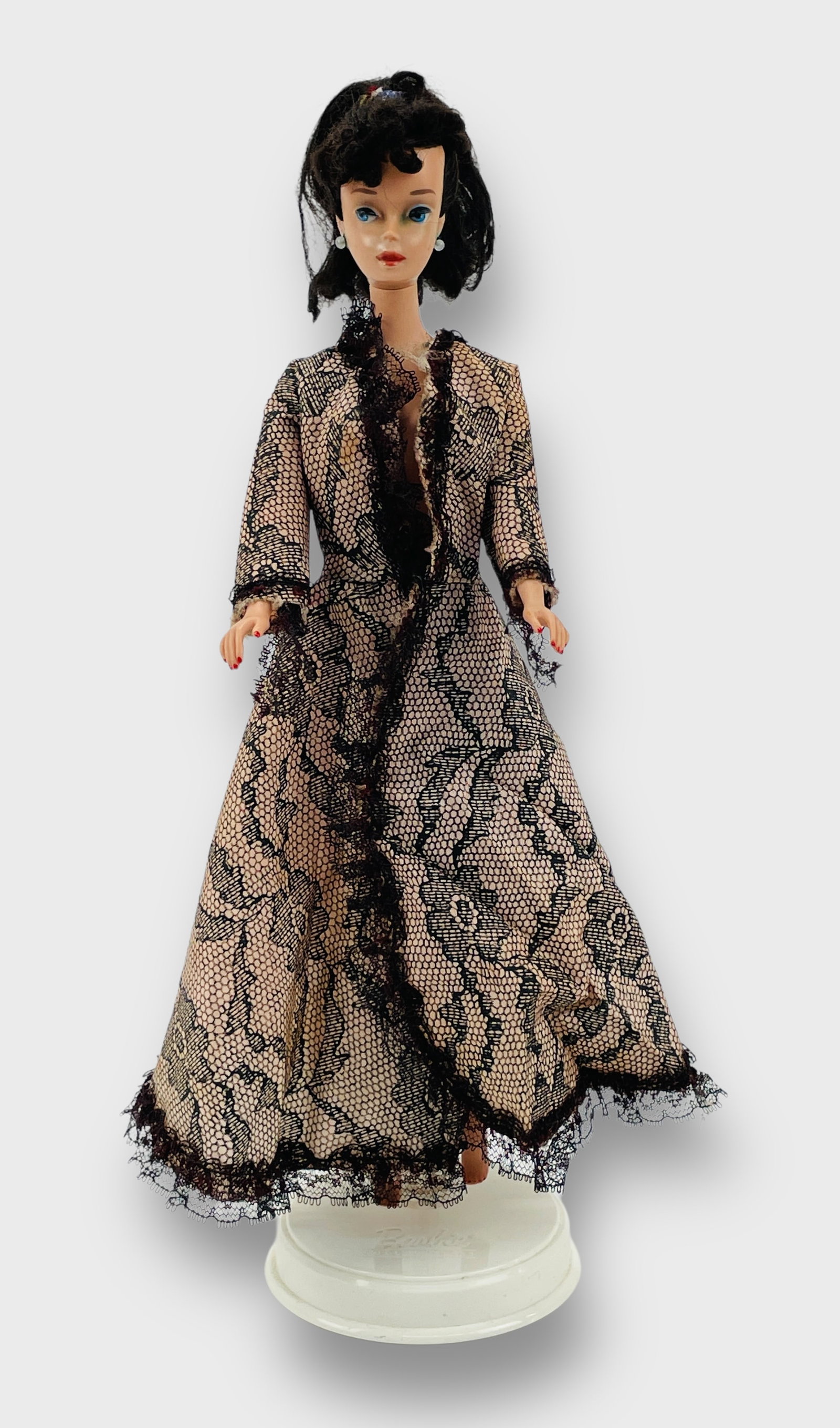 1960's Original Vintage Brunette Mattel Barbie Doll: Barbie has long dark hair, legs do not bend, no holes on feet