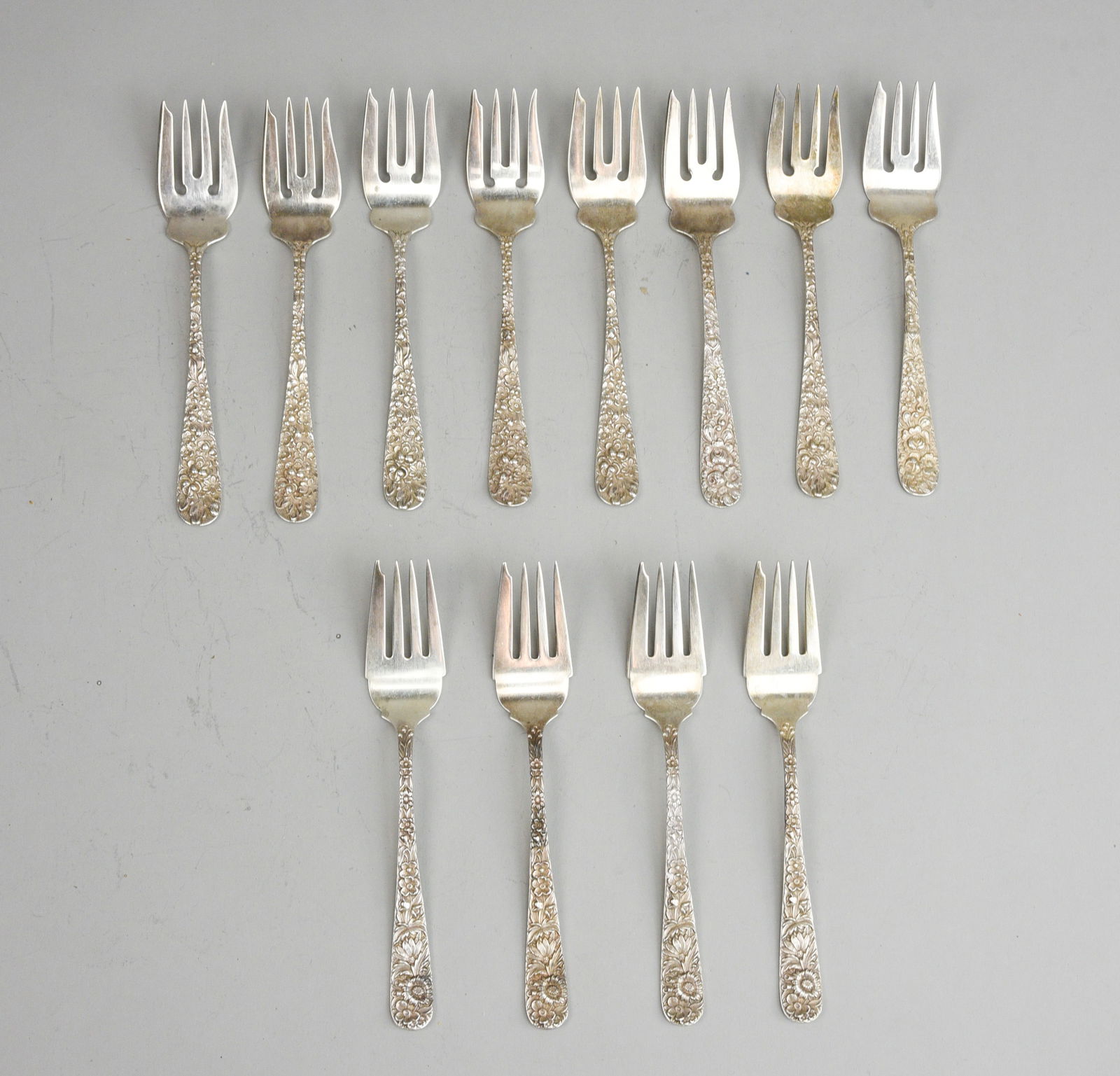 Sterling Silver Repousse Flatware Salad Forks-Stieff, Kirk & Son 386 Grams (1 of 13)