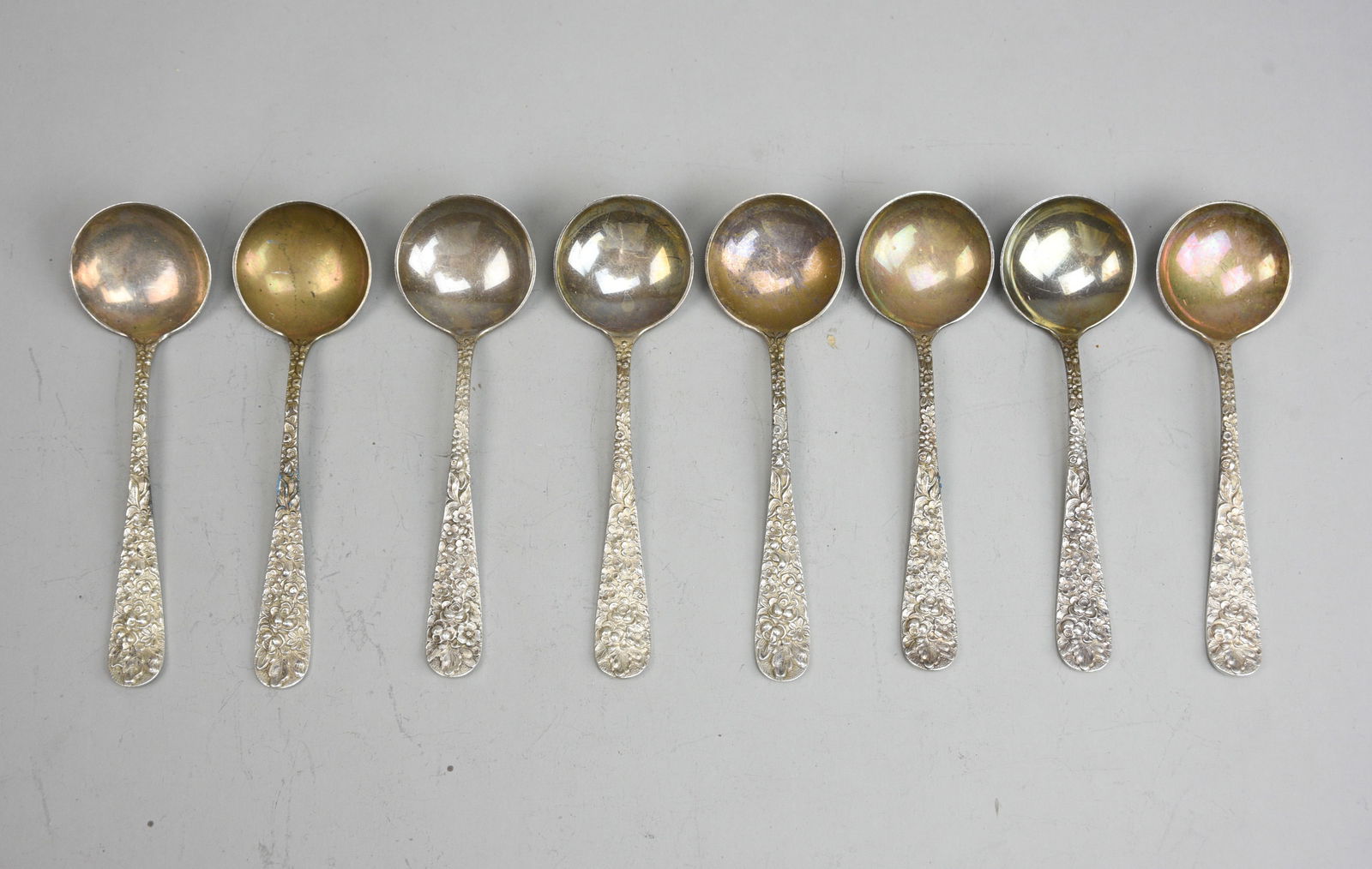 Sterling Silver Flatware-Eight Stieff Repousse Soup Spoons 270 Grams (1 of 7)