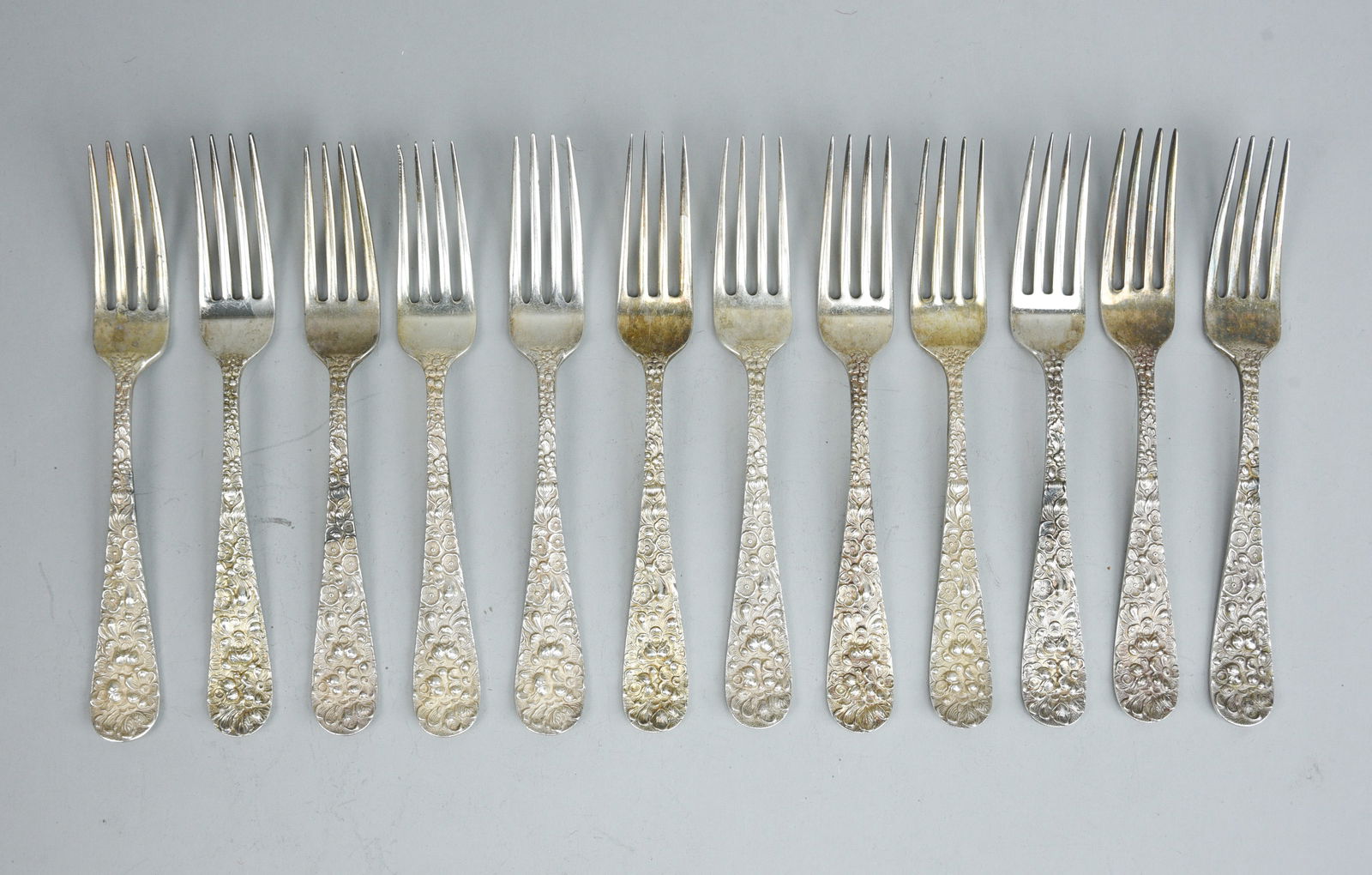 Sterling Silver Flatware-Twelve Stieff Repousse Dinner Forks 672 Grams (1 of 9)