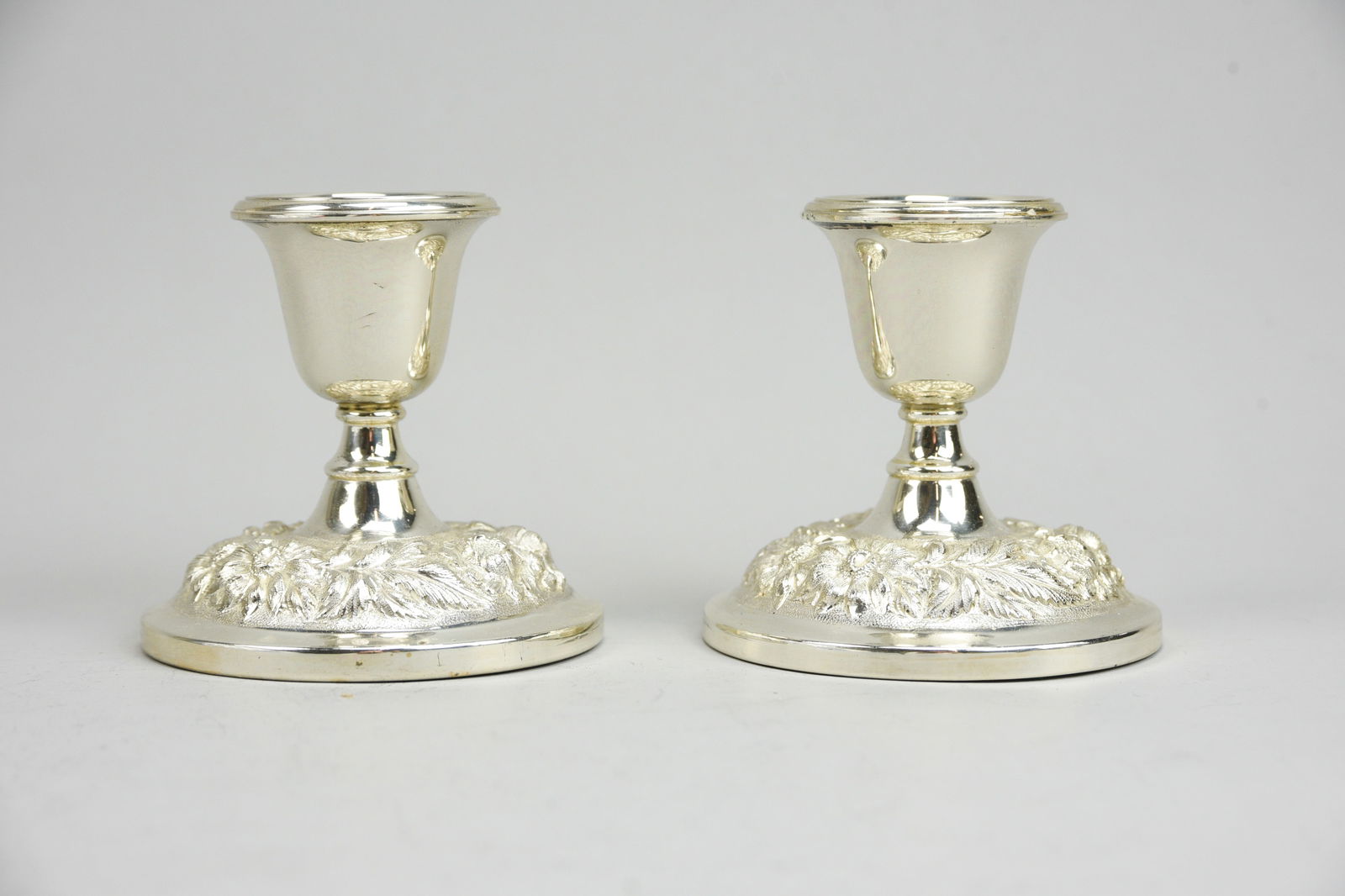 Pair Sterling Silver Weighted Stieff Rose Repousse Low Single Candlesticks (1 of 8)