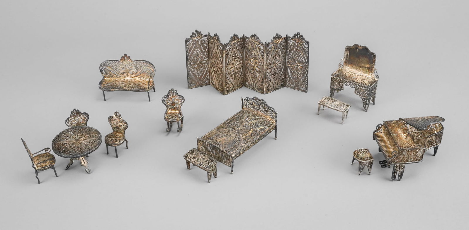 Antique Italian Filigree Silver 13pc Dollhouse Furniture-Piano/Fold Screen/Vanity/Table/Chairs/etc (1 of 6)